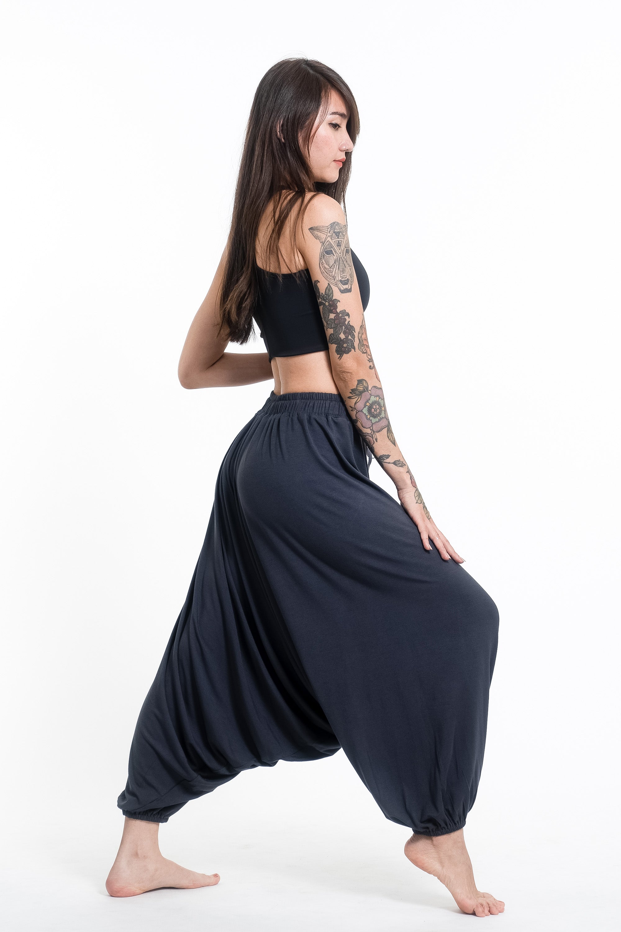 Skulls Print Drawstring Low Cut Harem Pants Cotton Spandex in Gray