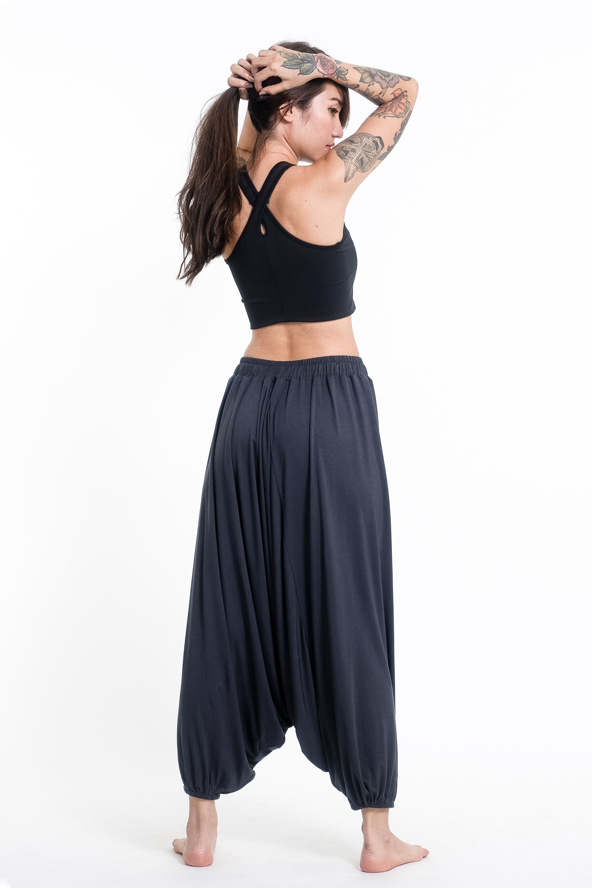 Skulls Print Drawstring Low Cut Harem Pants Cotton Spandex in Gray