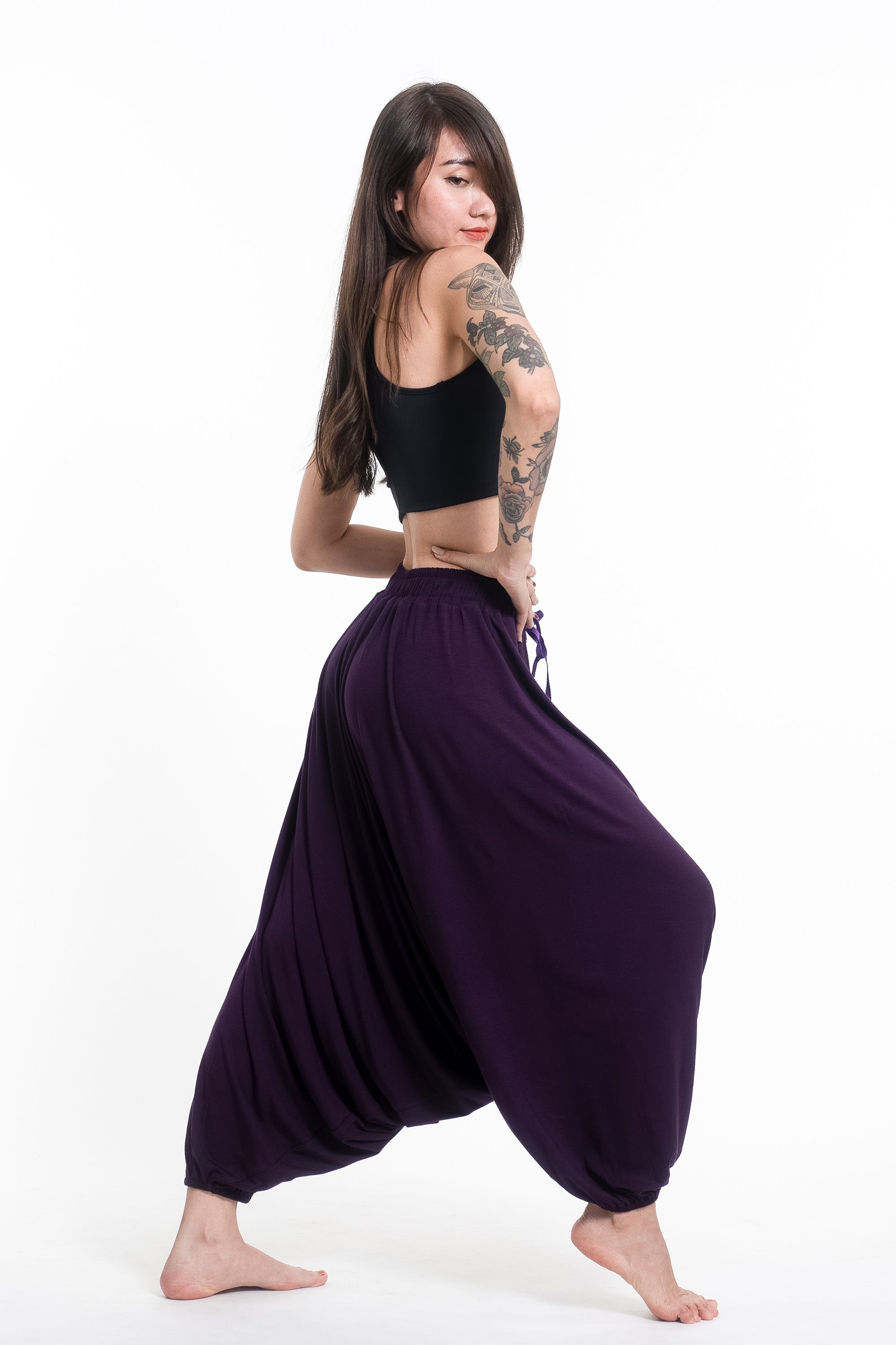 Skulls Print Drawstring Low Cut Harem Pants Cotton Spandex in Purple