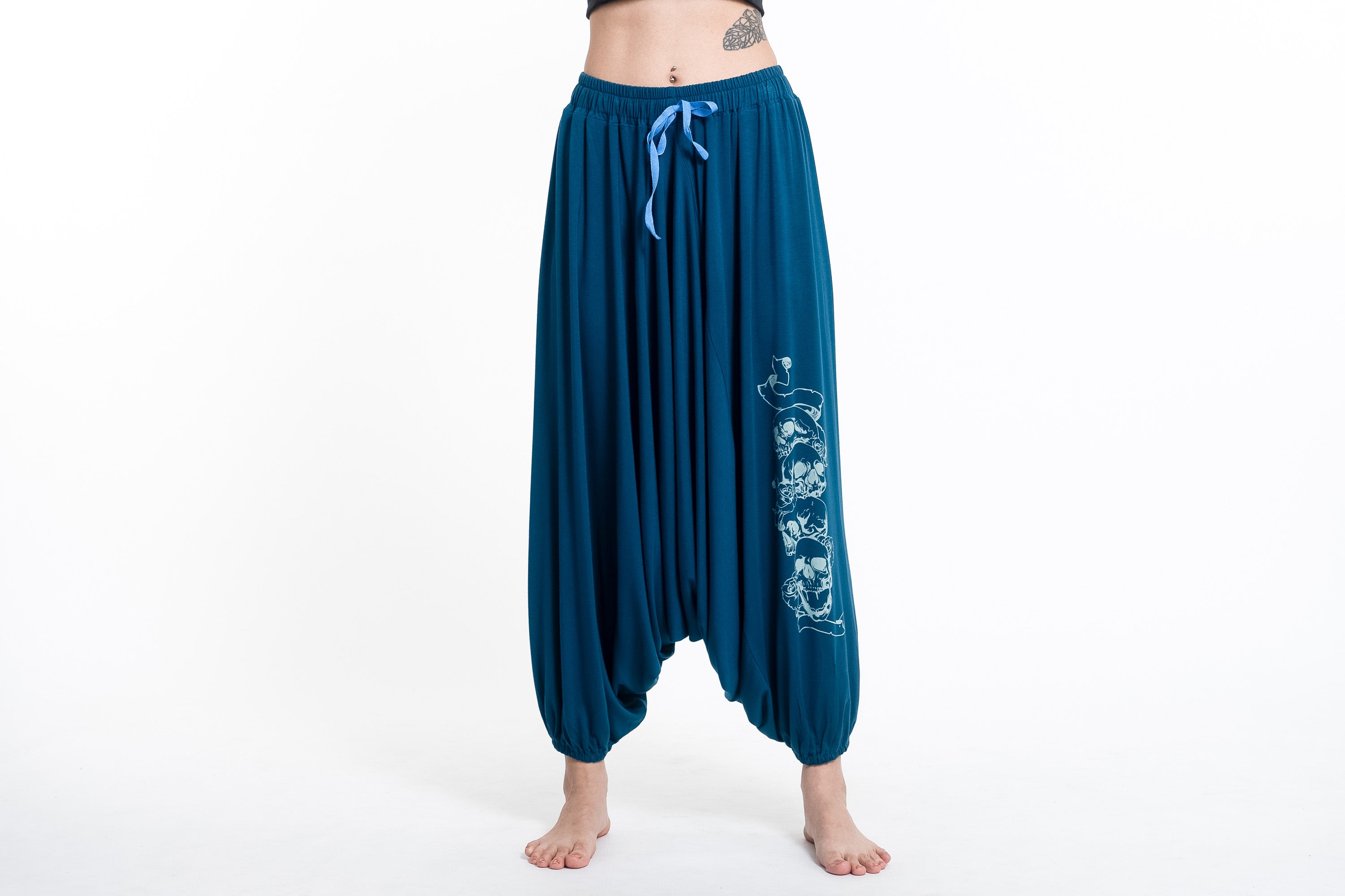 Skulls Print Drawstring Low Cut Harem Pants Cotton Spandex in Turquoise