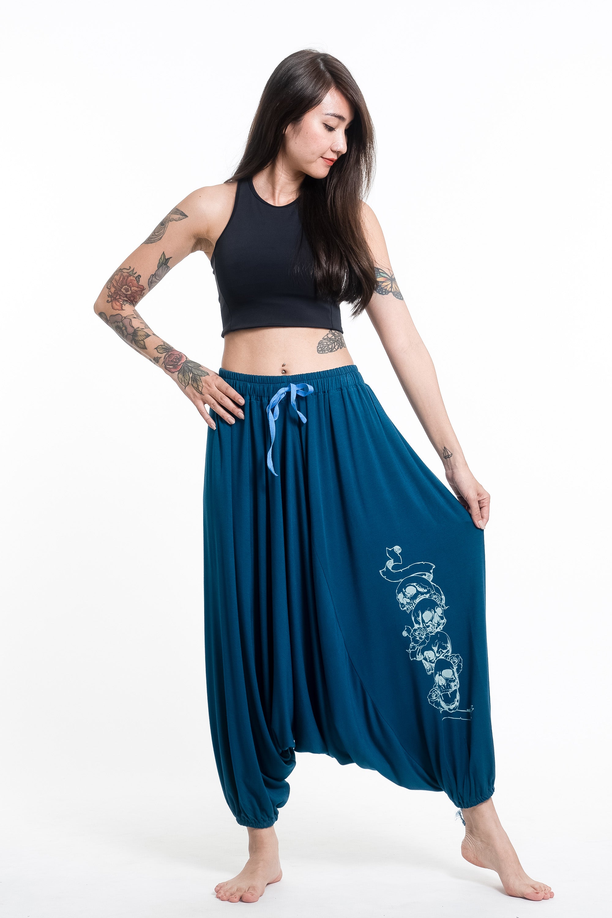 Skulls Print Drawstring Low Cut Harem Pants Cotton Spandex in Turquoise