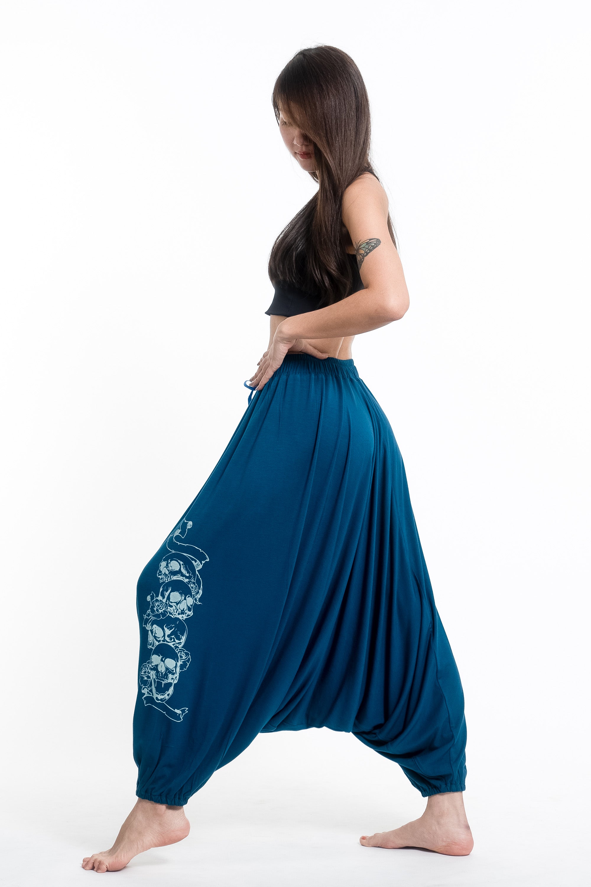 Skulls Print Drawstring Low Cut Harem Pants Cotton Spandex in Turquoise