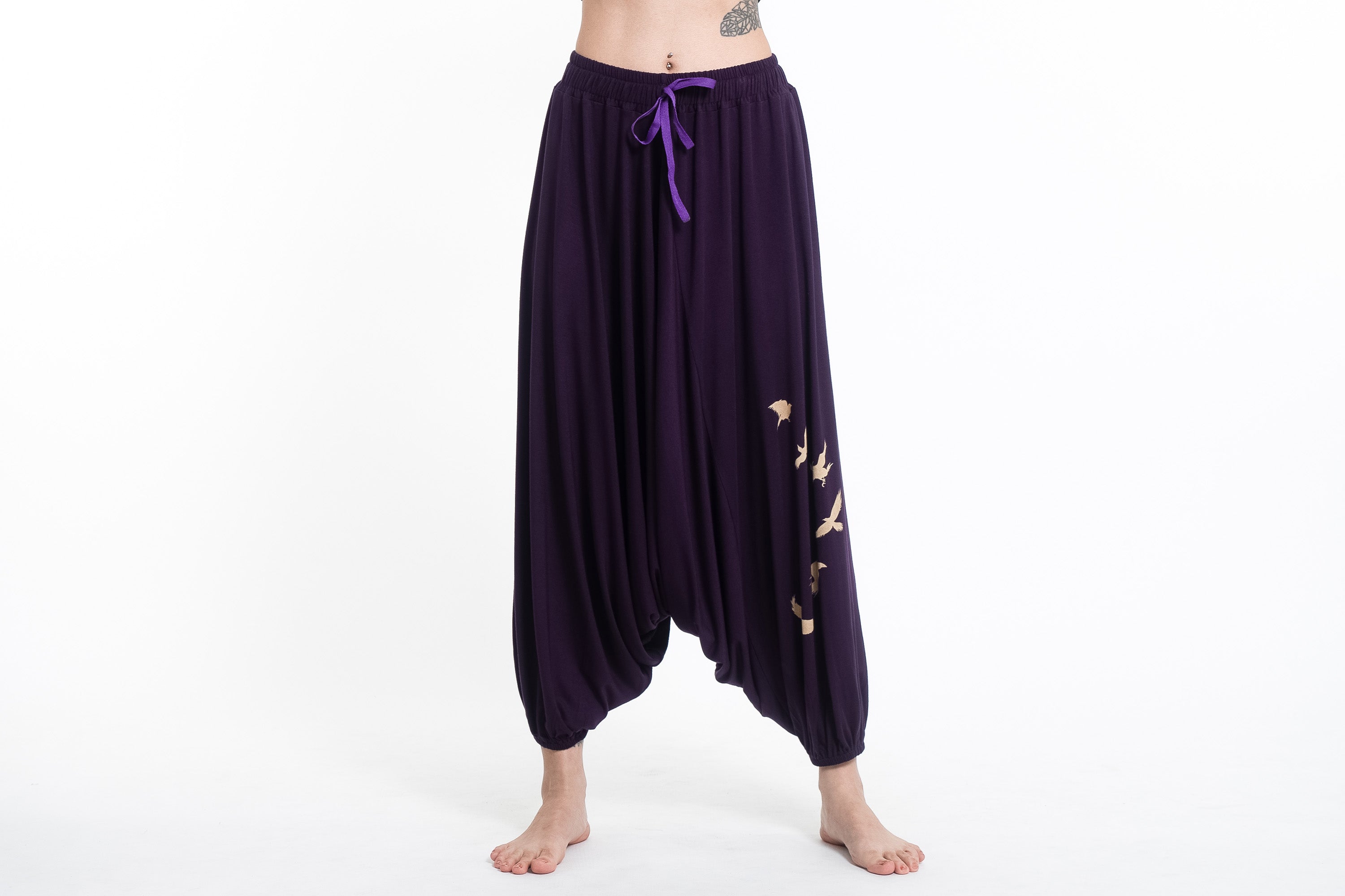 Birds Print Drawstring Low Cut Harem Pants Cotton Spandex in Purple