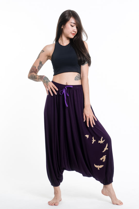 Birds Print Drawstring Low Cut Harem Pants Cotton Spandex in Purple