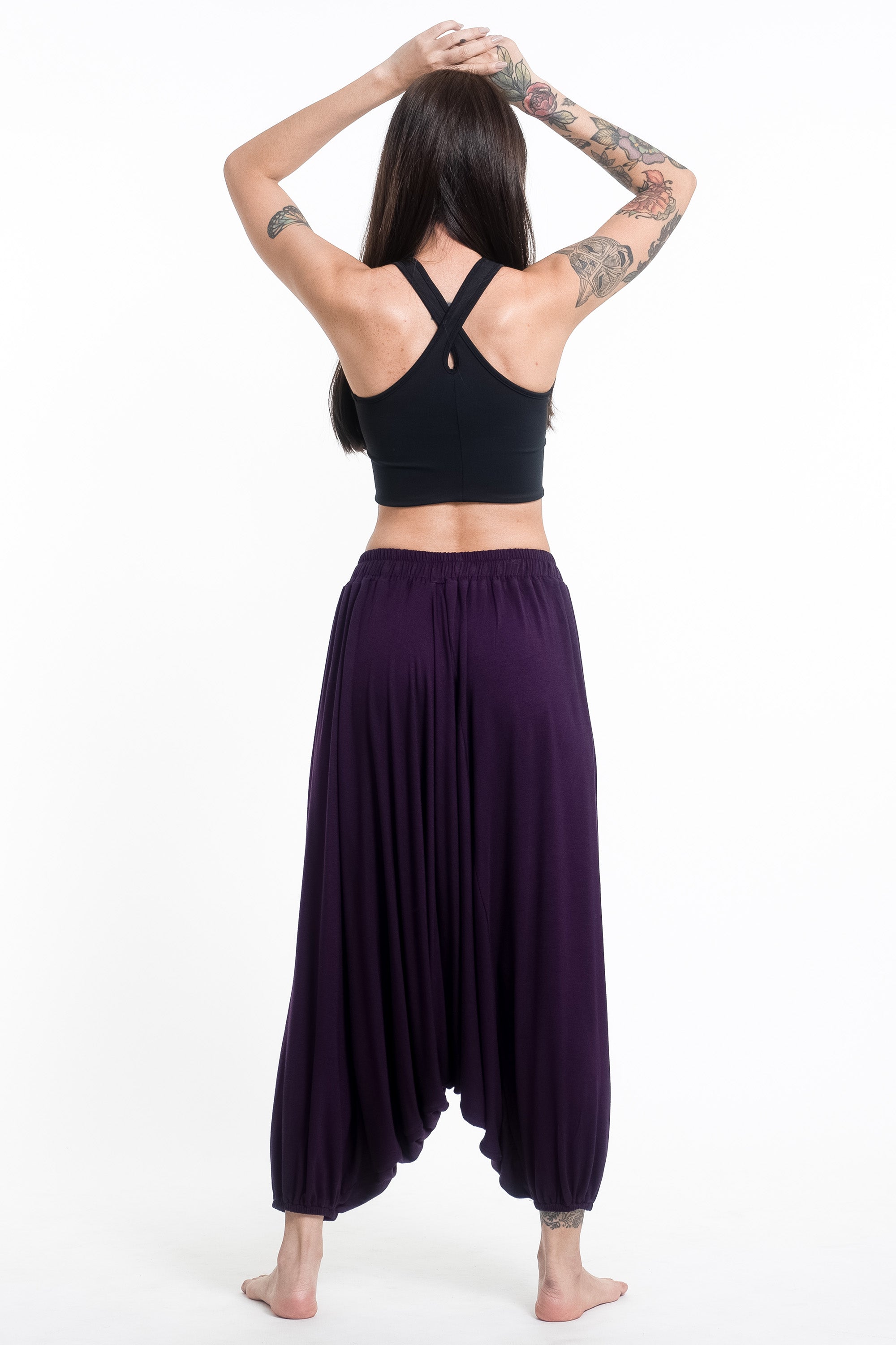 Birds Print Drawstring Low Cut Harem Pants Cotton Spandex in Purple