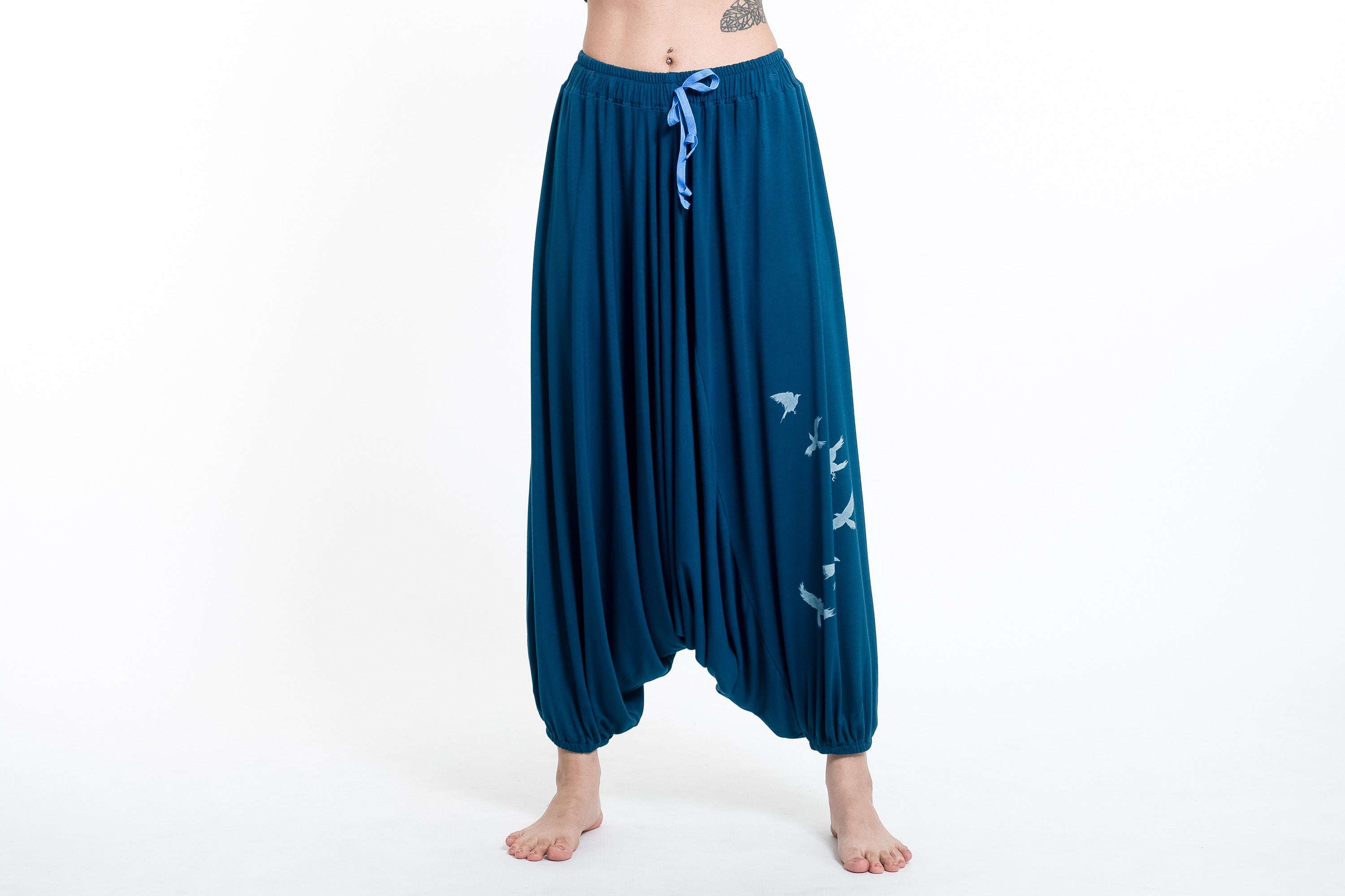 Birds Print Drawstring Low Cut Harem Pants Cotton Spandex in Turquoise