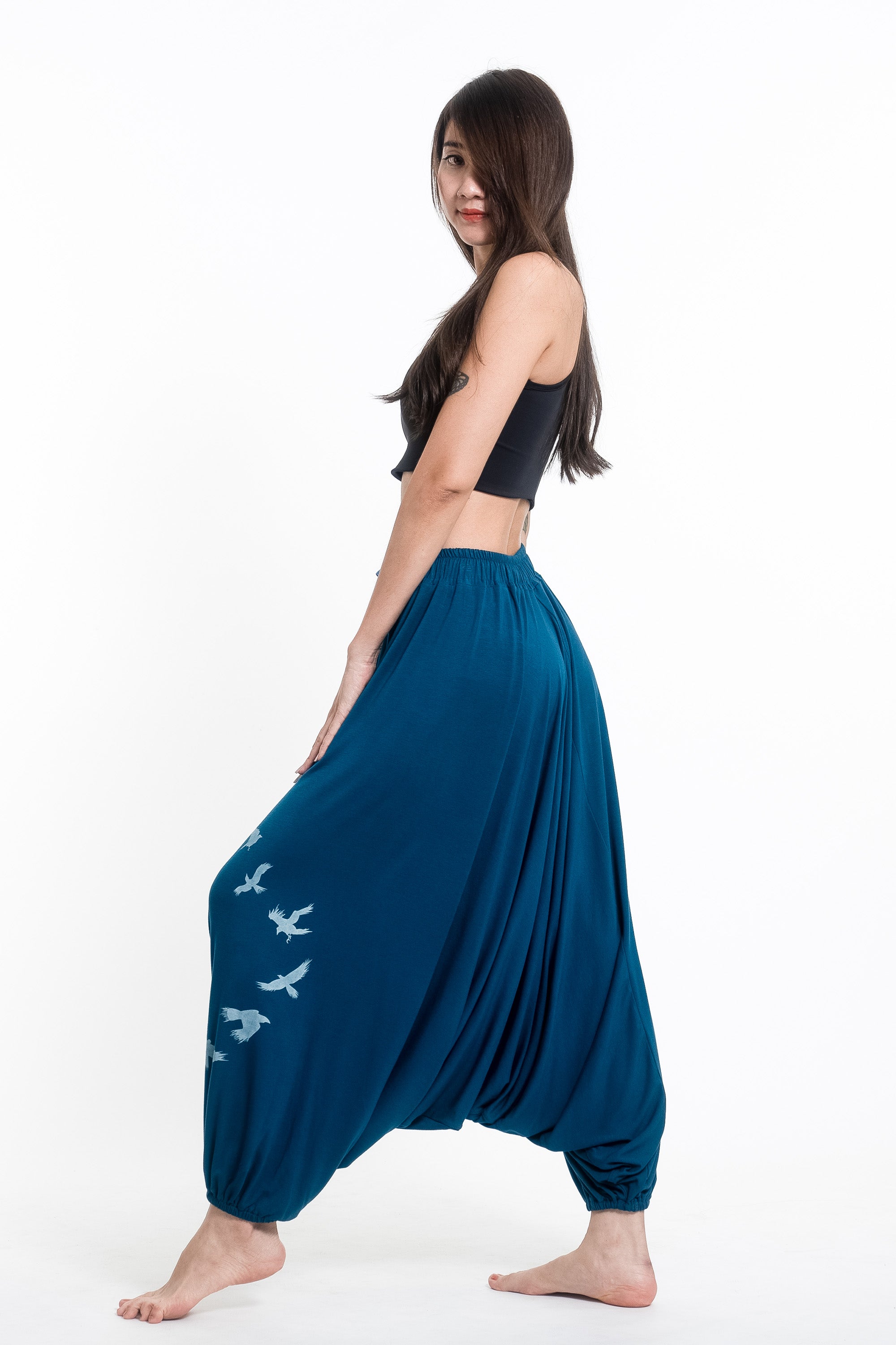 Birds Print Drawstring Low Cut Harem Pants Cotton Spandex in Turquoise