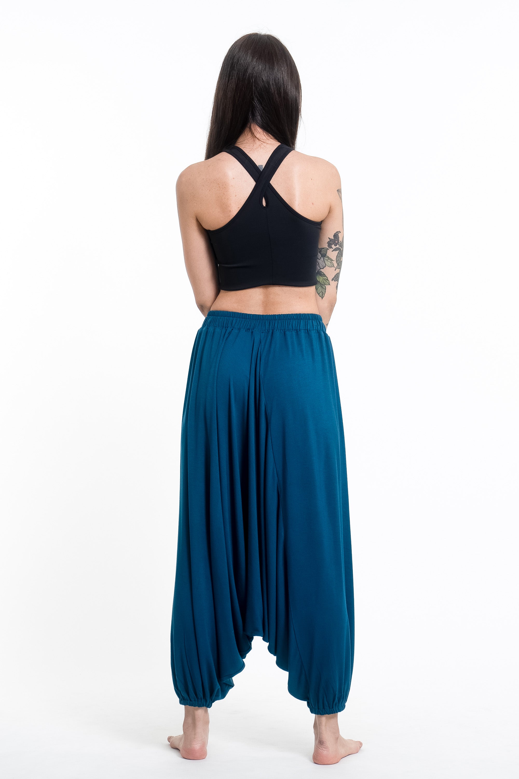 Birds Print Drawstring Low Cut Harem Pants Cotton Spandex in Turquoise