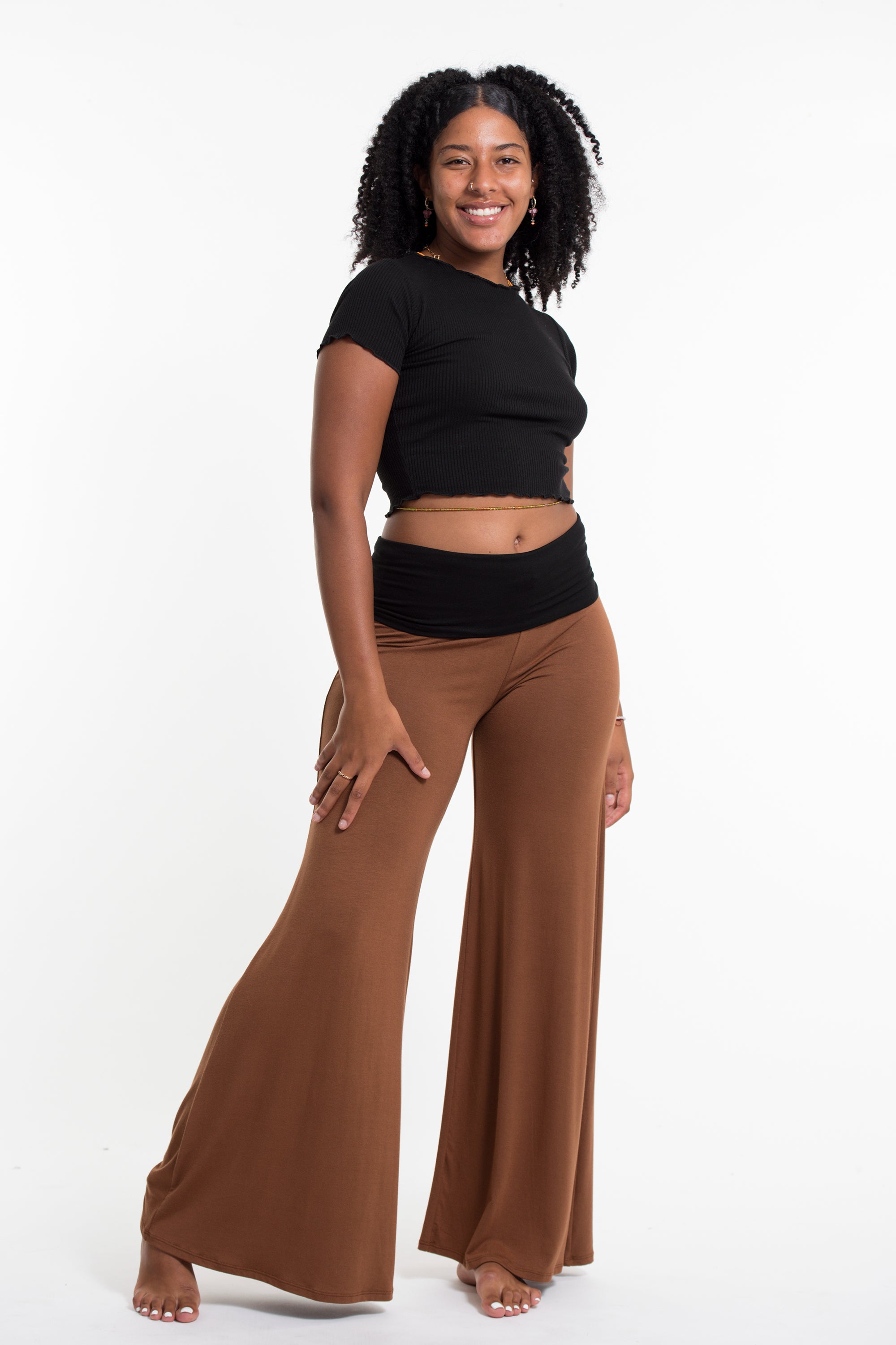 Wide Leg Palazzo Harem Pants Cotton Spandex in Solid Brown