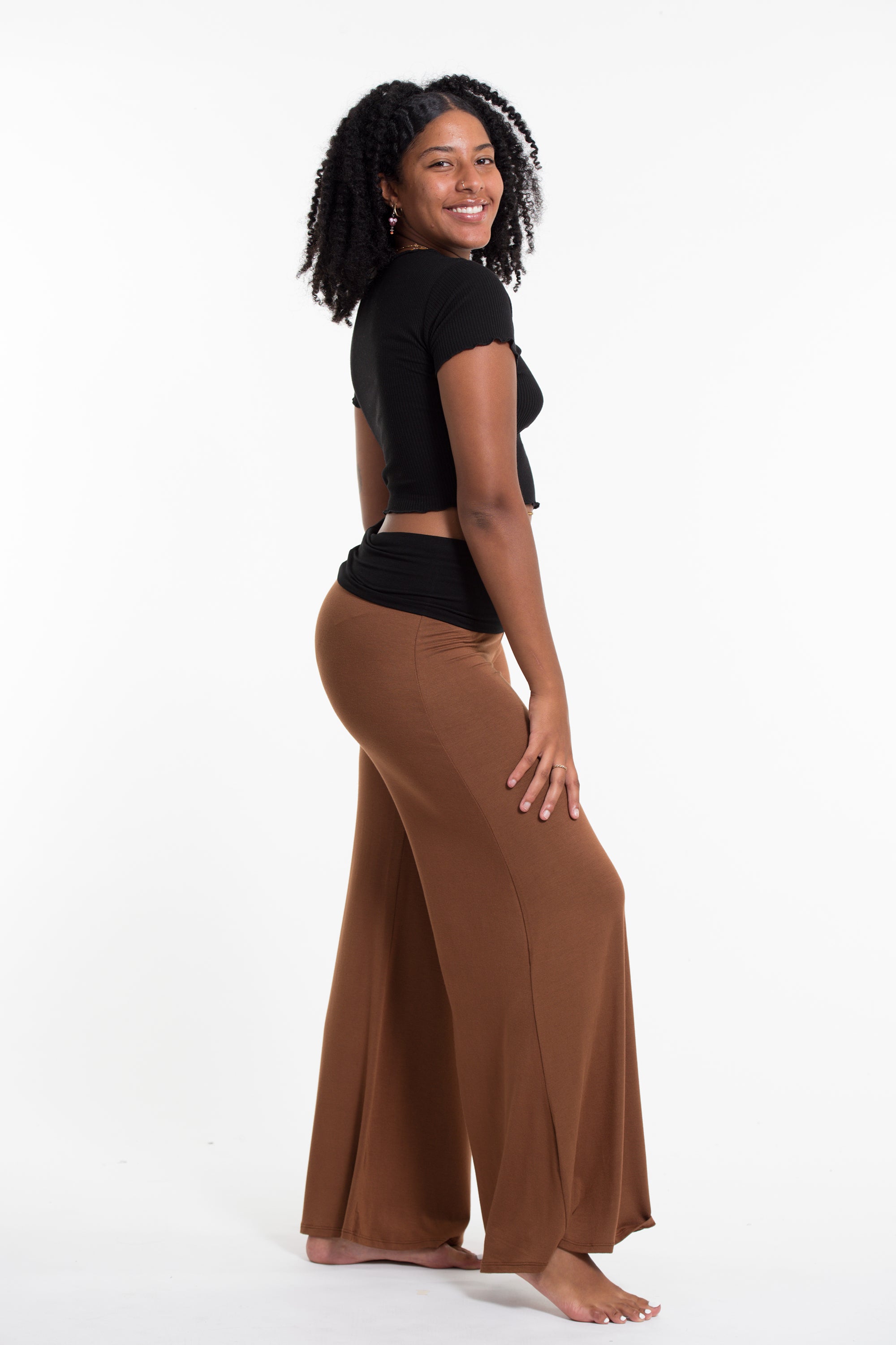 Wide Leg Palazzo Harem Pants Cotton Spandex in Solid Brown