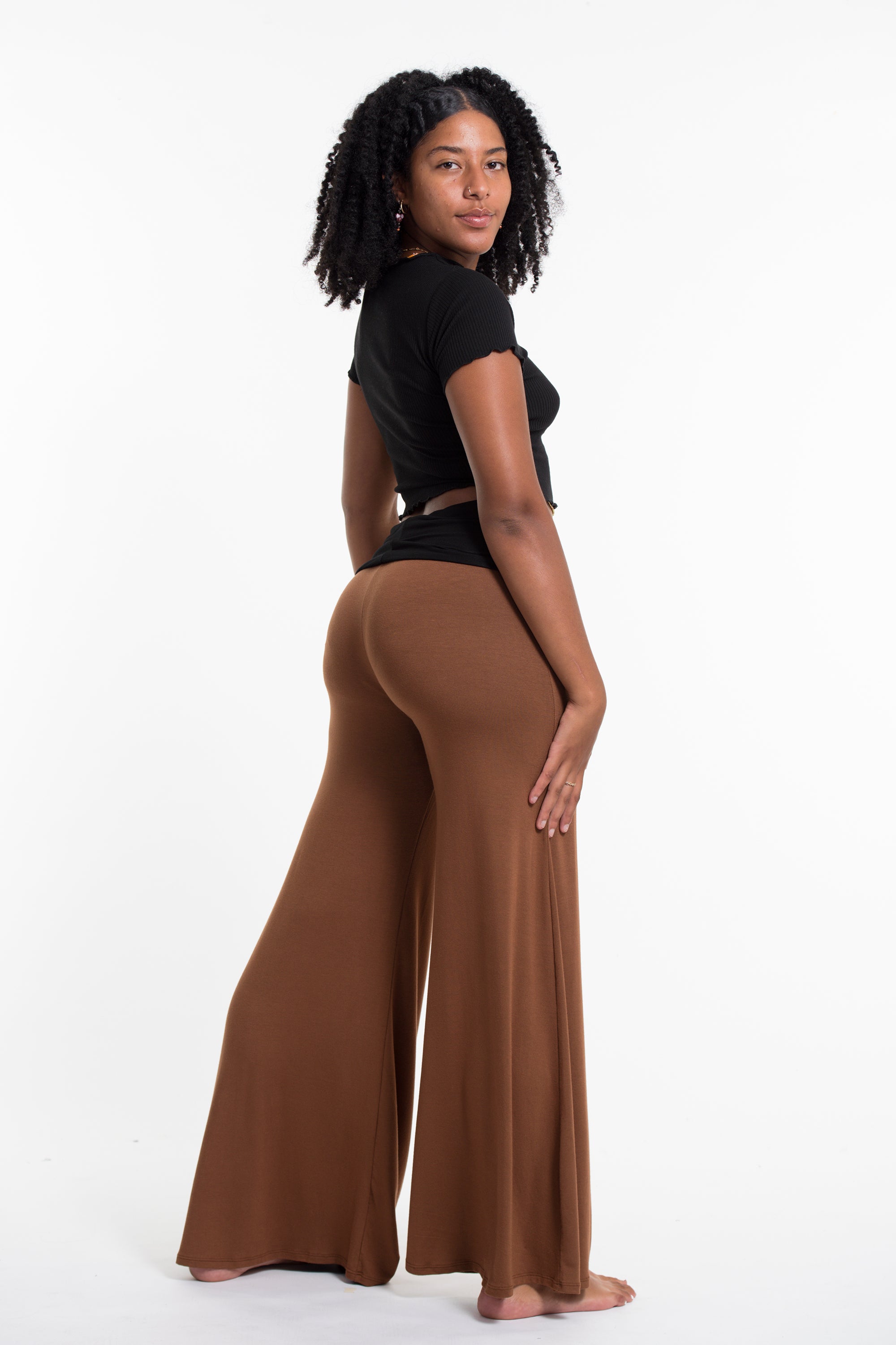 Wide Leg Palazzo Harem Pants Cotton Spandex in Solid Brown