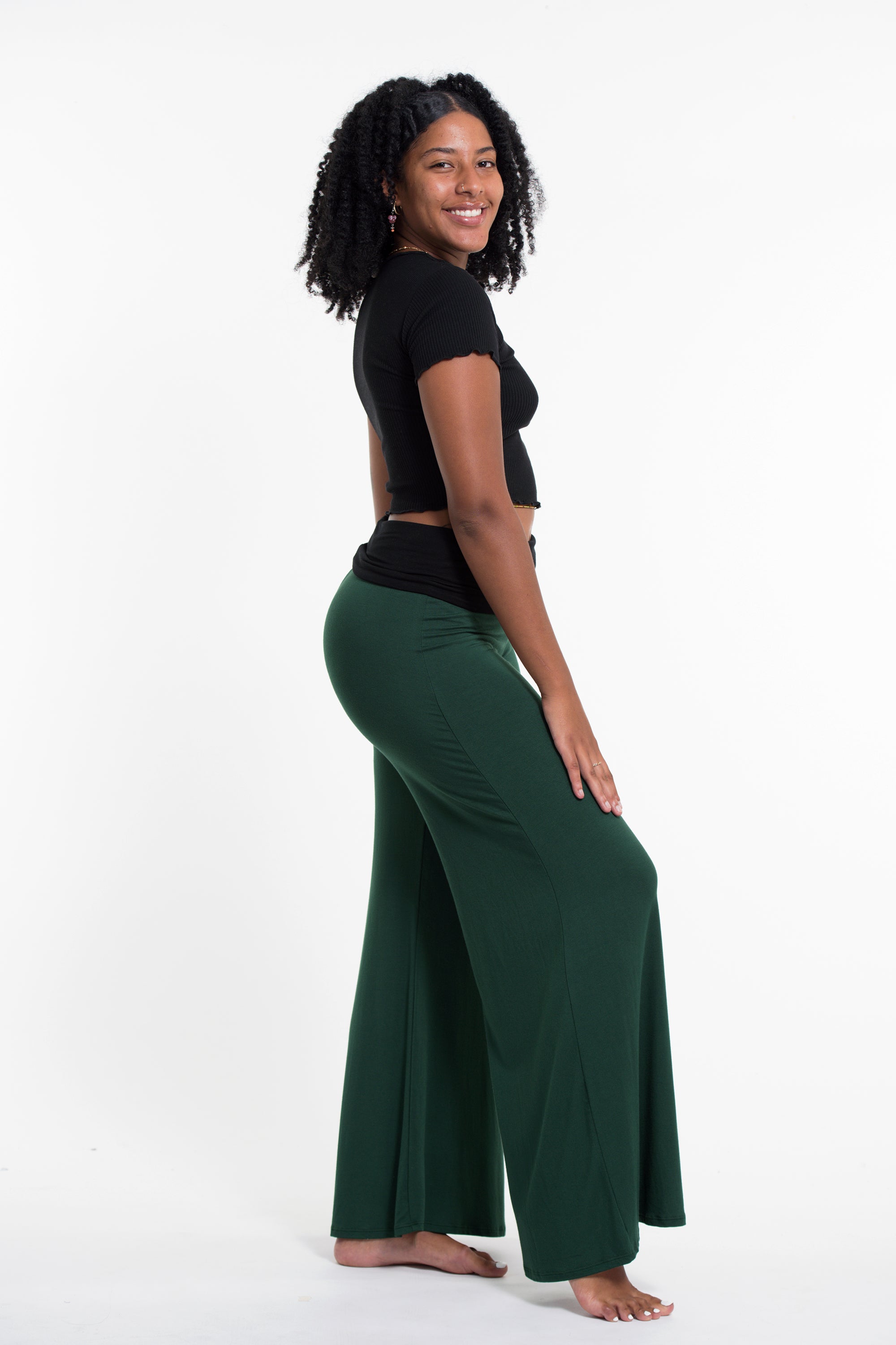 Wide Leg Palazzo Harem Pants Cotton Spandex in Solid Green