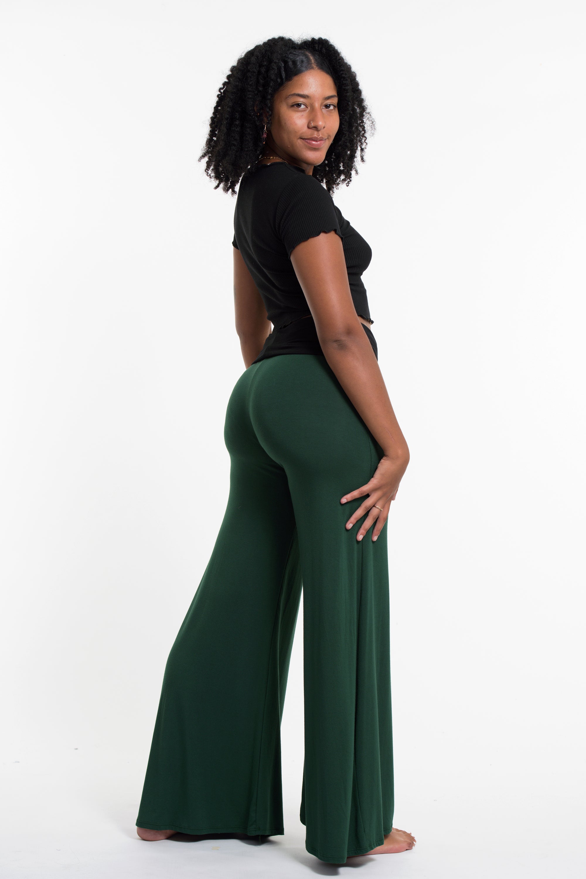 Wide Leg Palazzo Harem Pants Cotton Spandex in Solid Green