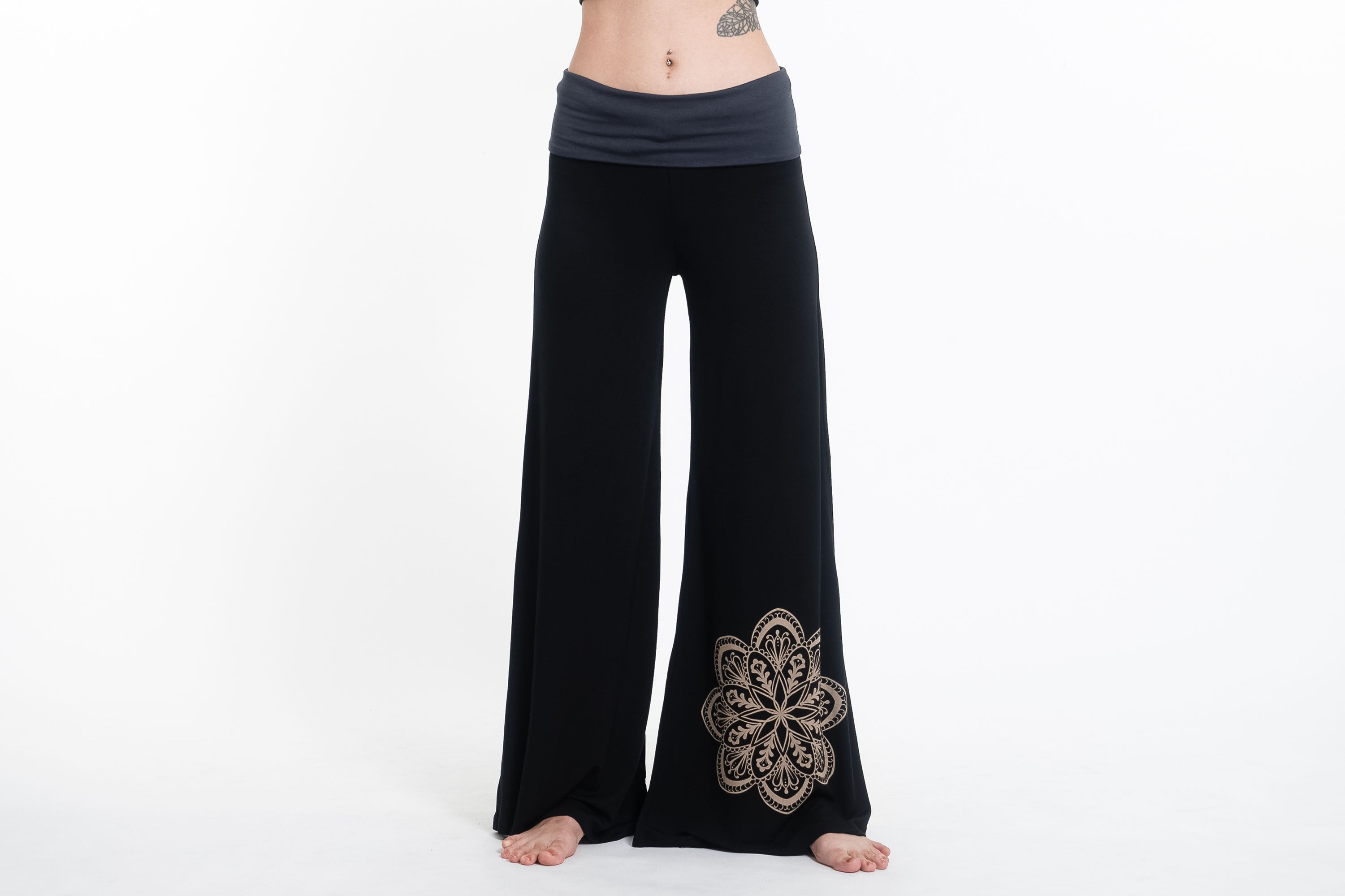 Mandala Print Wide Leg Palazzo Harem Pants Cotton Spandex in Black