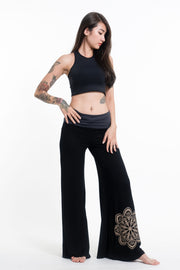 Mandala Print Wide Leg Palazzo Harem Pants Cotton Spandex in Black