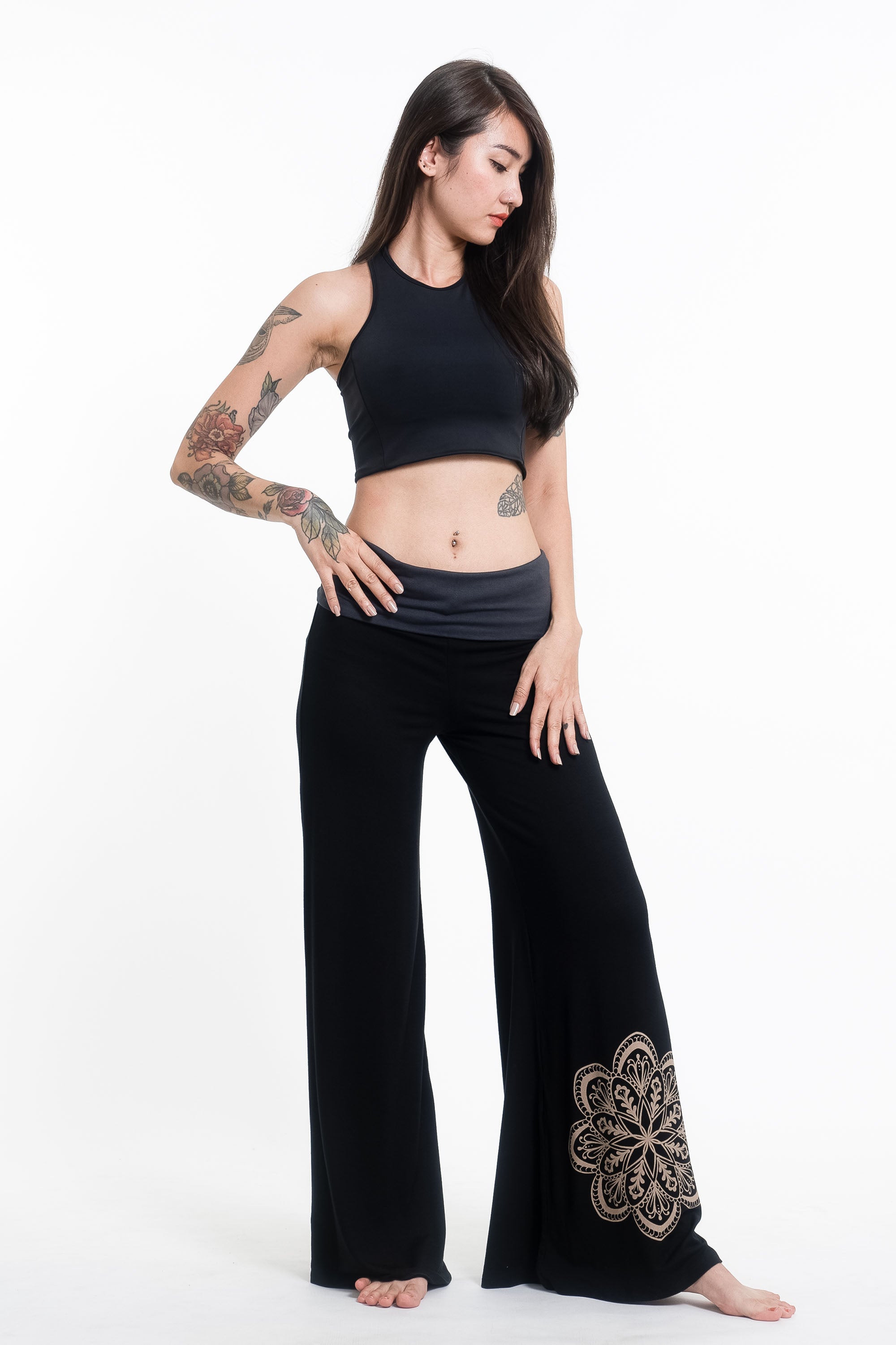 Mandala Print Wide Leg Palazzo Harem Pants Cotton Spandex in Black