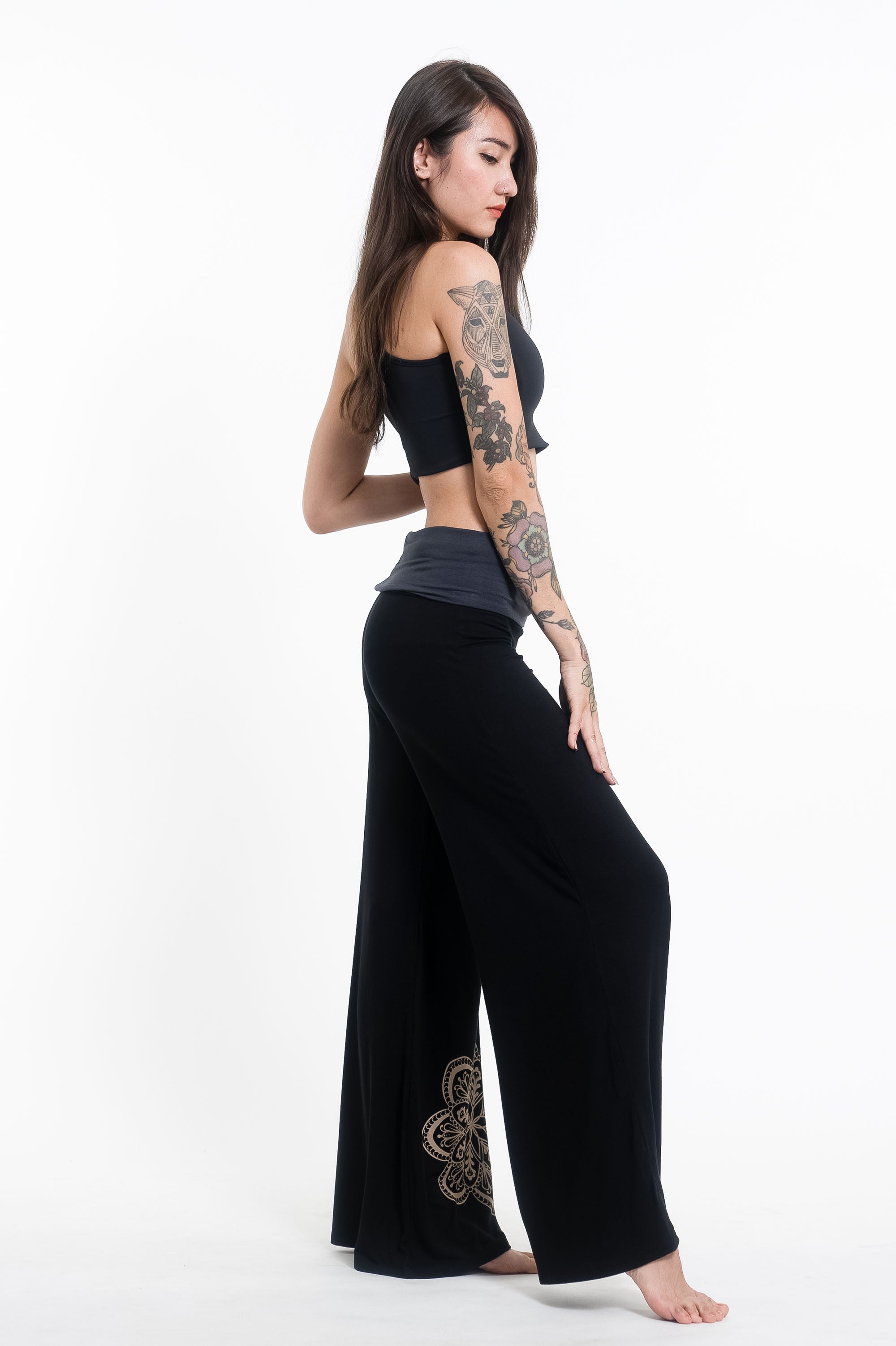 Mandala Print Wide Leg Palazzo Harem Pants Cotton Spandex in Black