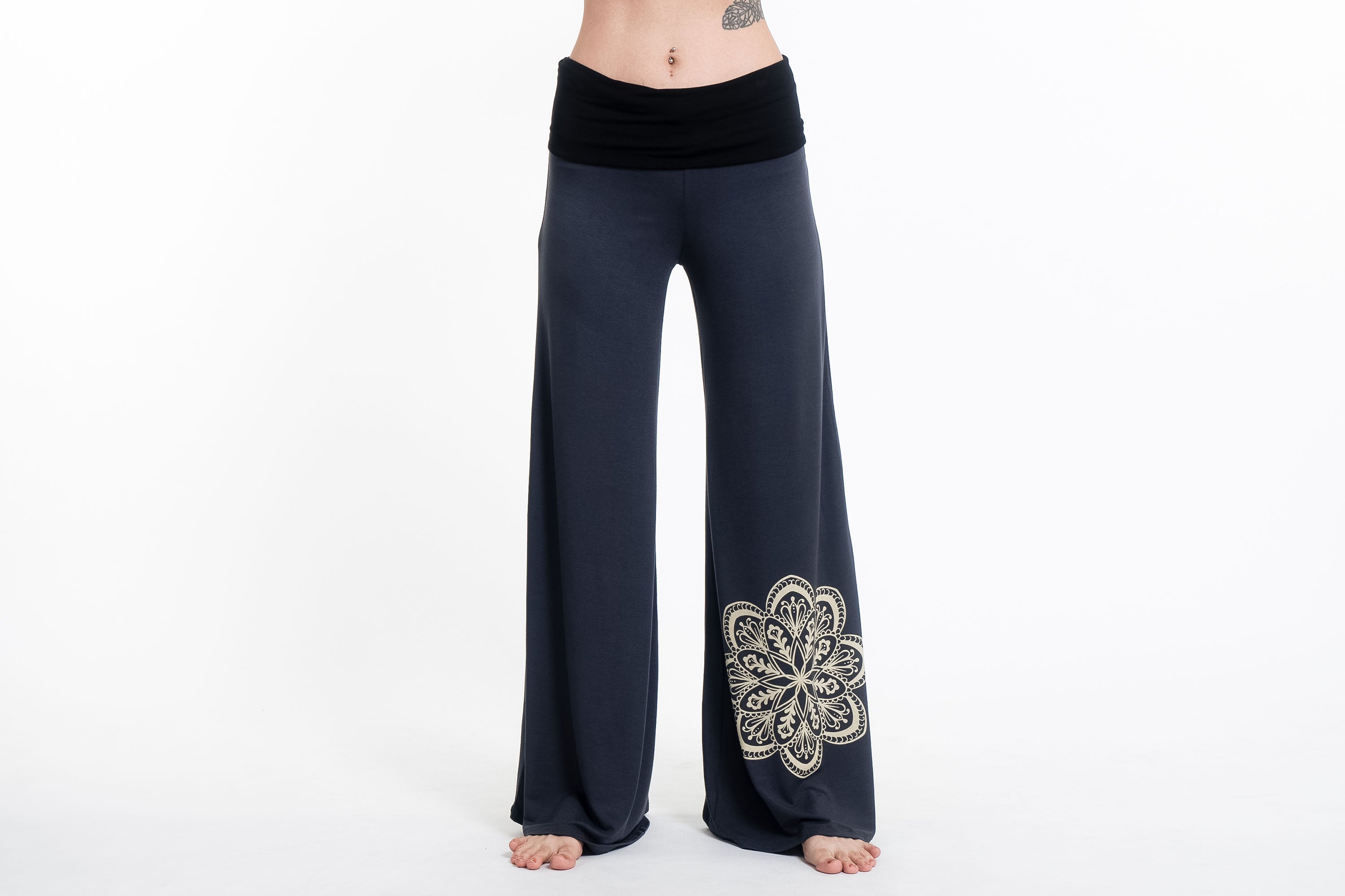 Mandala Print Wide Leg Palazzo Harem Pants Cotton Spandex in Gray
