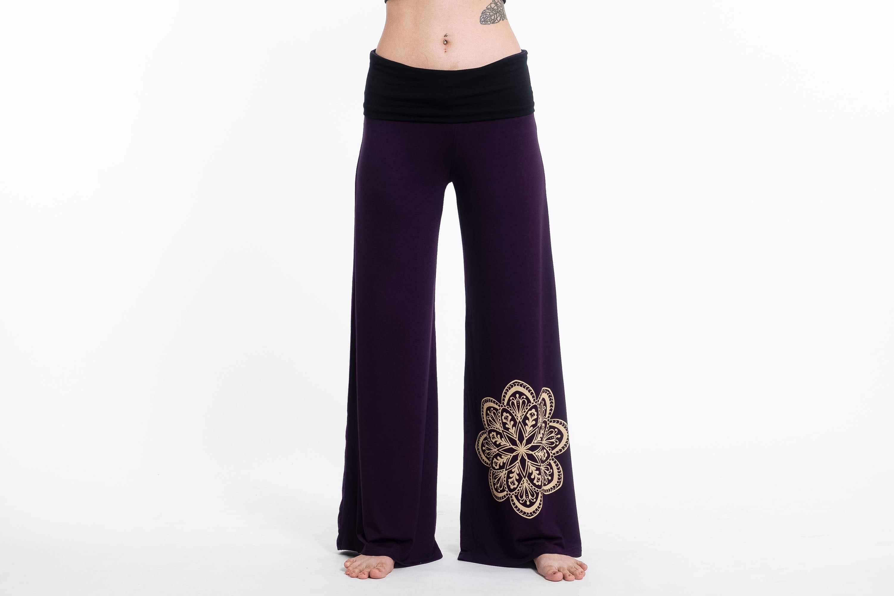 Mandala Print Wide Leg Palazzo Harem Pants Cotton Spandex in Purple