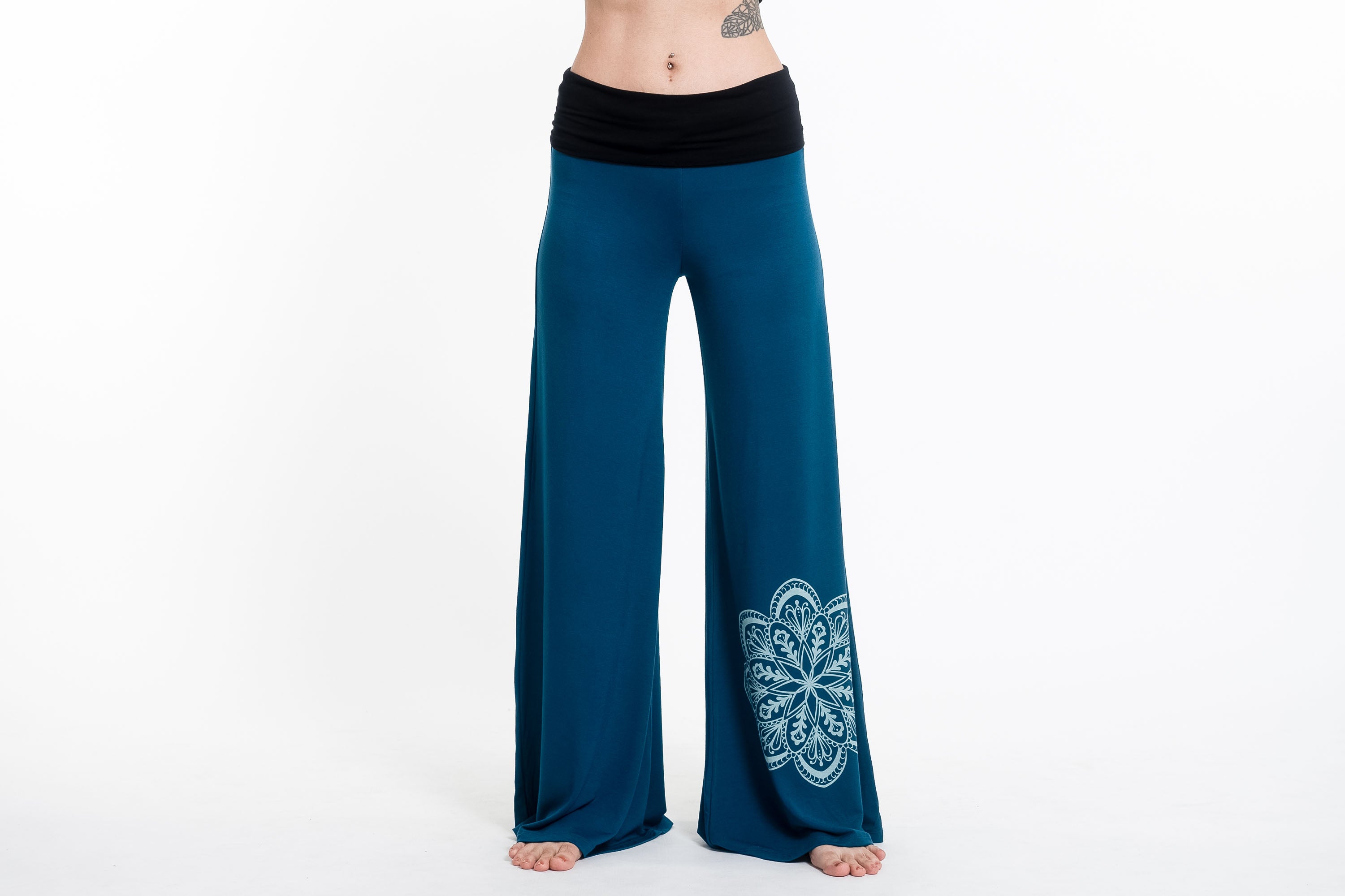 Mandala Print Wide Leg Palazzo Harem Pants Cotton Spandex in Turquoise