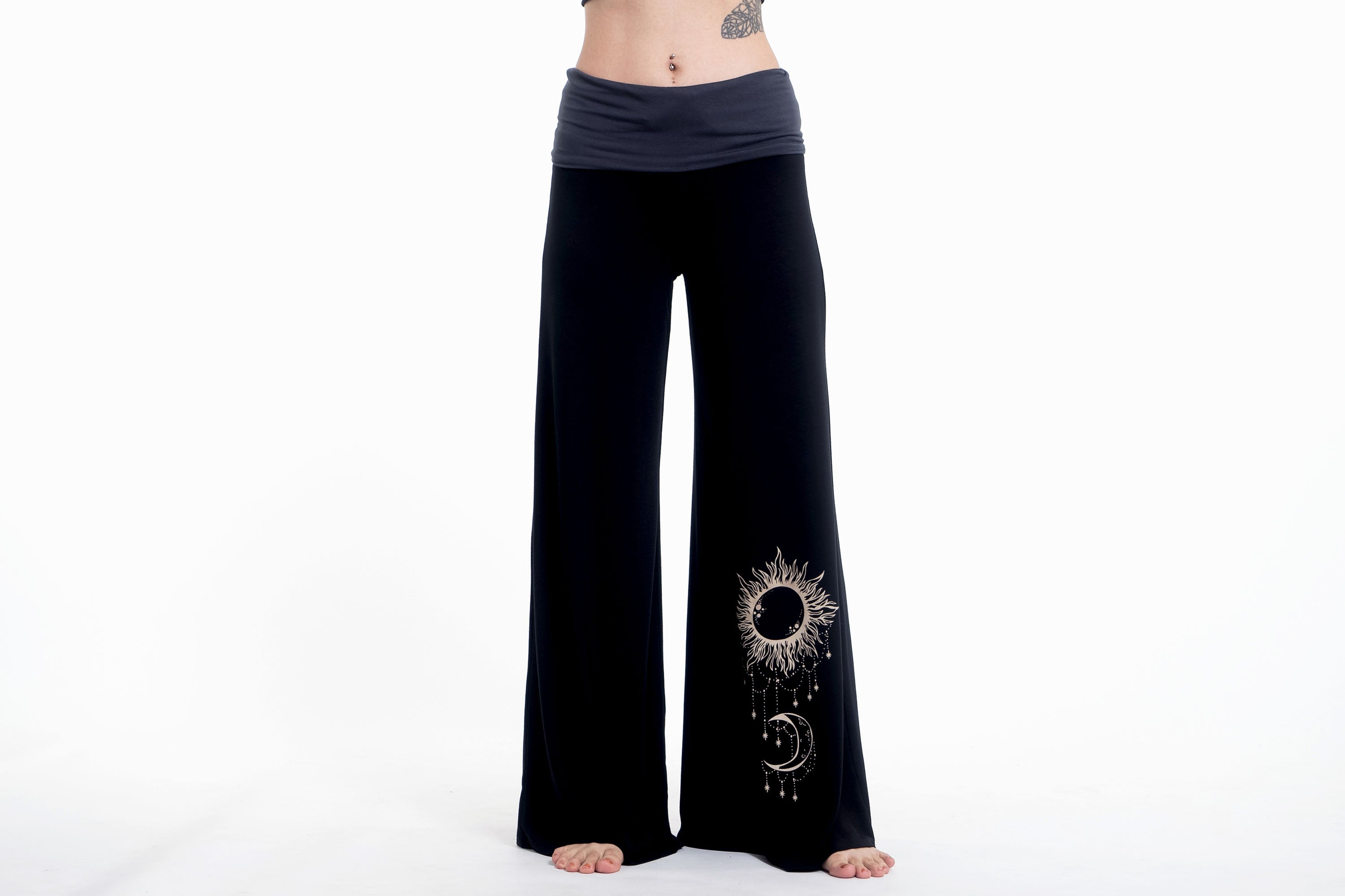 Sun Moon Print Wide Leg Palazzo Harem Pants Cotton Spandex in Black
