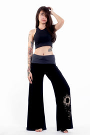 Sun Moon Print Wide Leg Palazzo Harem Pants Cotton Spandex in Black