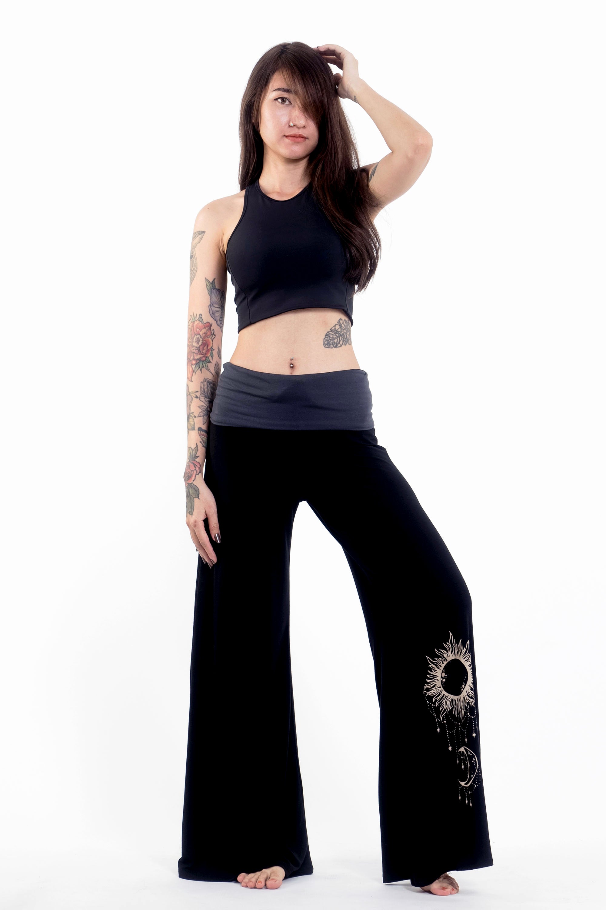 Sun Moon Print Wide Leg Palazzo Harem Pants Cotton Spandex in Black