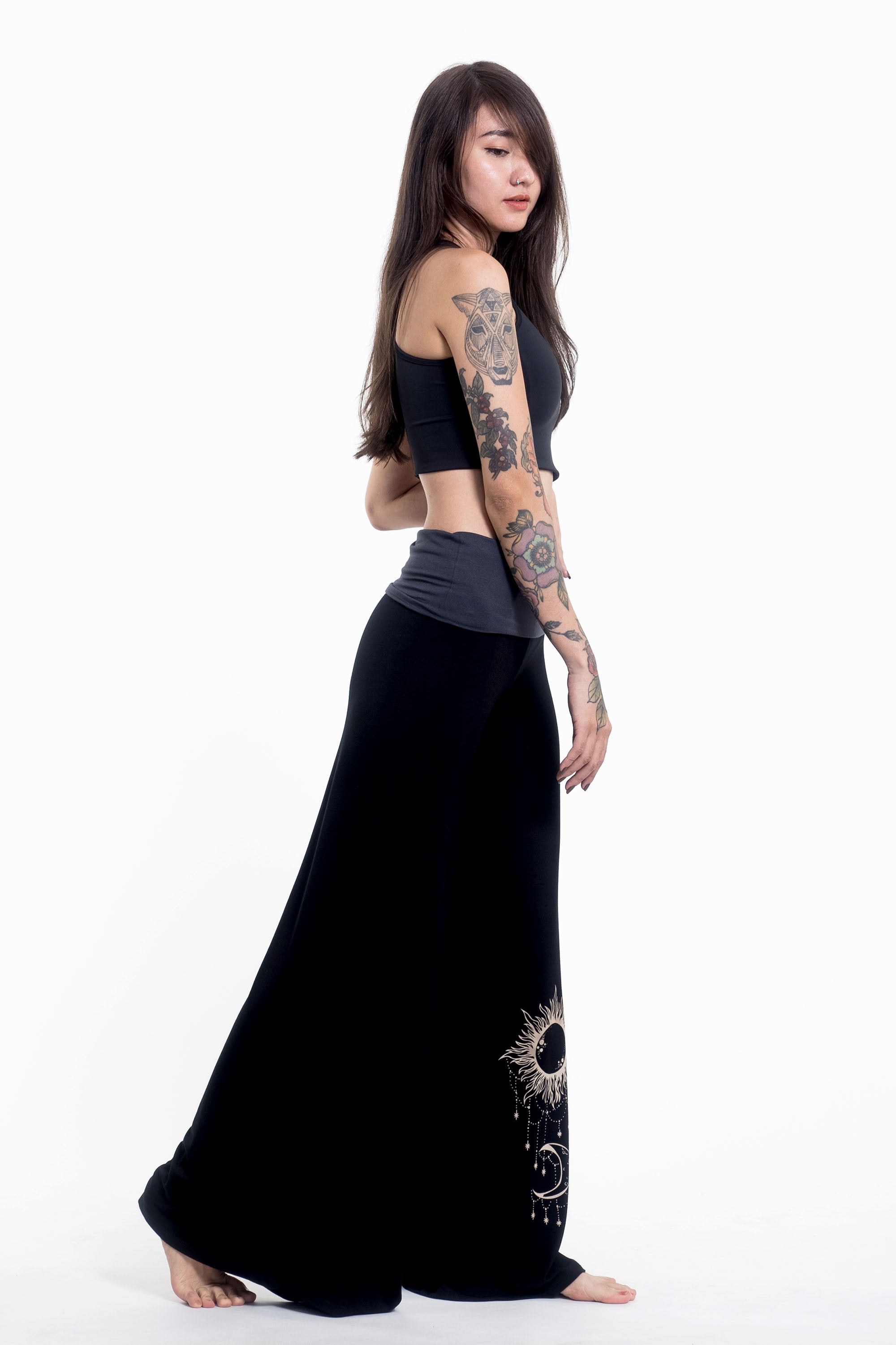 Sun Moon Print Wide Leg Palazzo Harem Pants Cotton Spandex in Black