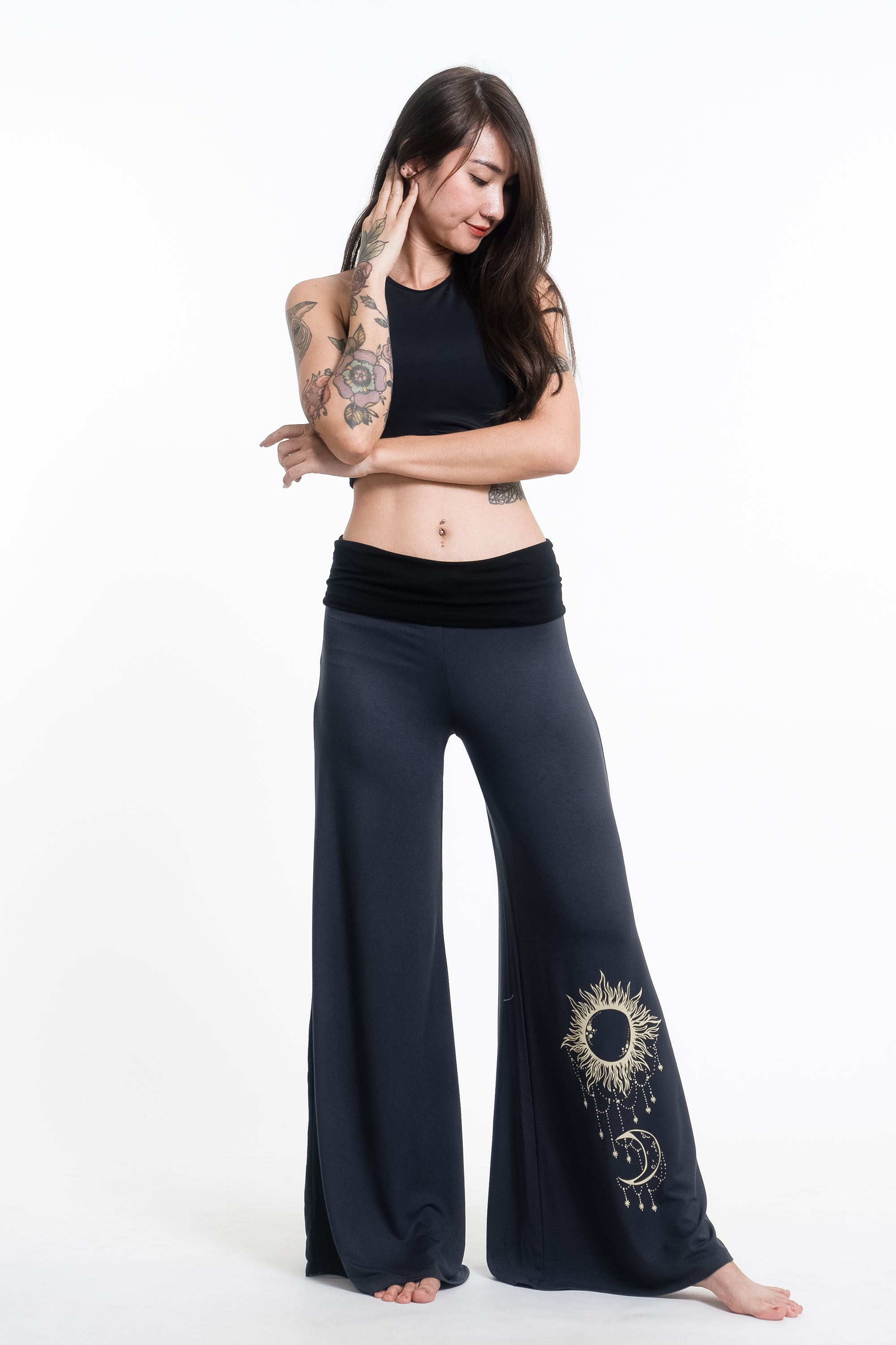 Sun Moon Print Wide Leg Palazzo Harem Pants Cotton Spandex in Gray
