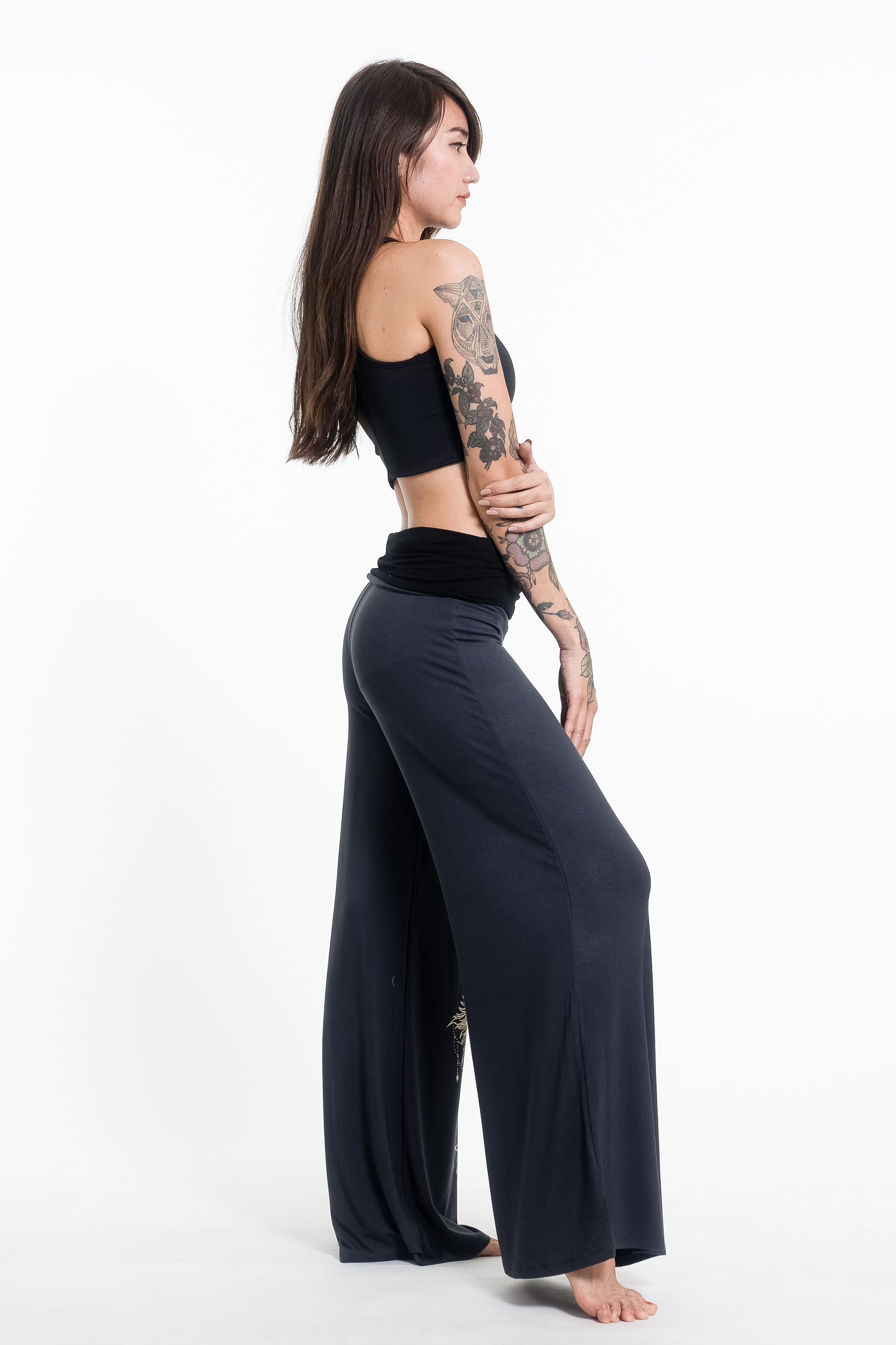 Sun Moon Print Wide Leg Palazzo Harem Pants Cotton Spandex in Gray
