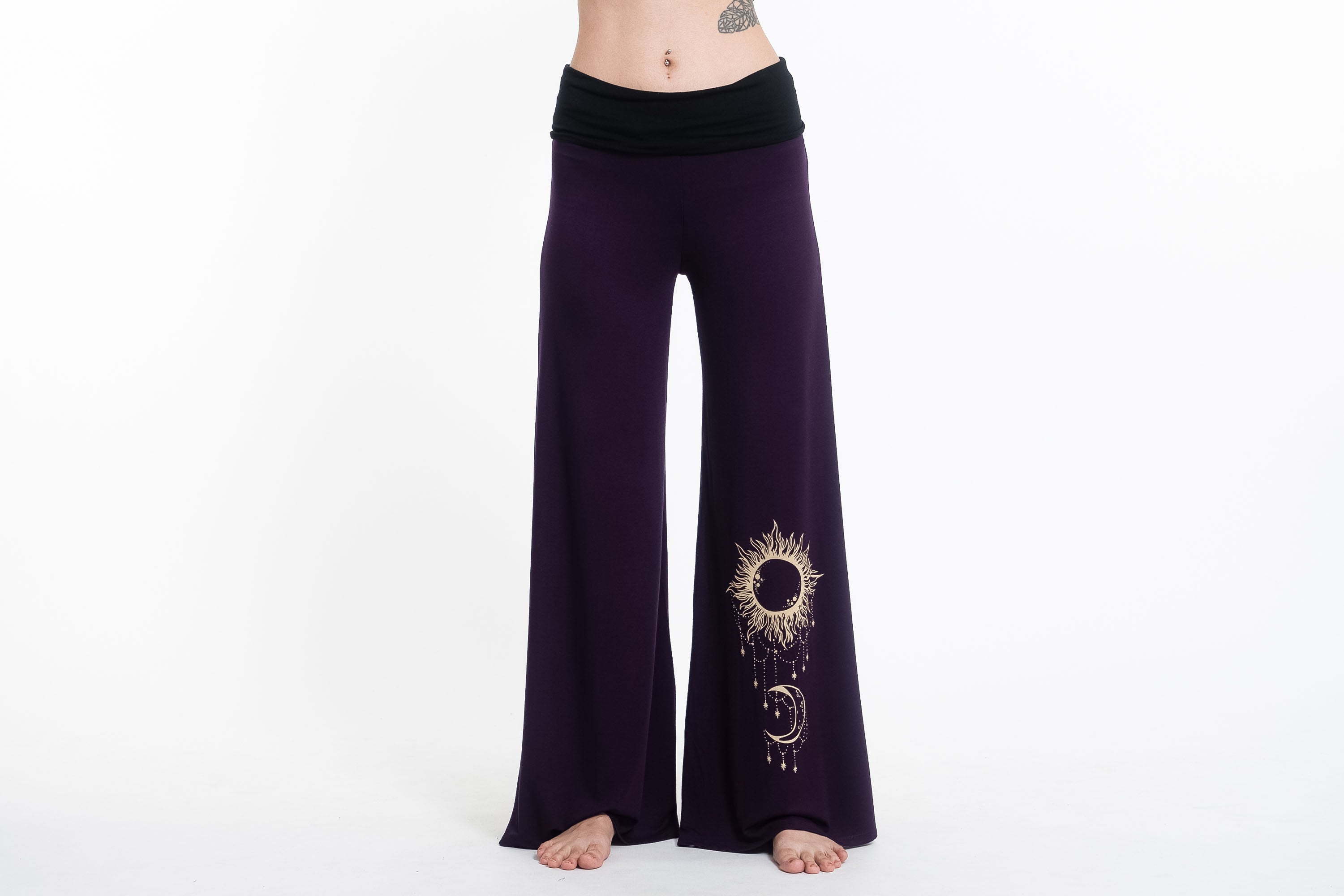 Sun Moon Print Wide Leg Palazzo Harem Pants Cotton Spandex in Purple