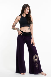 Sun Moon Print Wide Leg Palazzo Harem Pants Cotton Spandex in Purple
