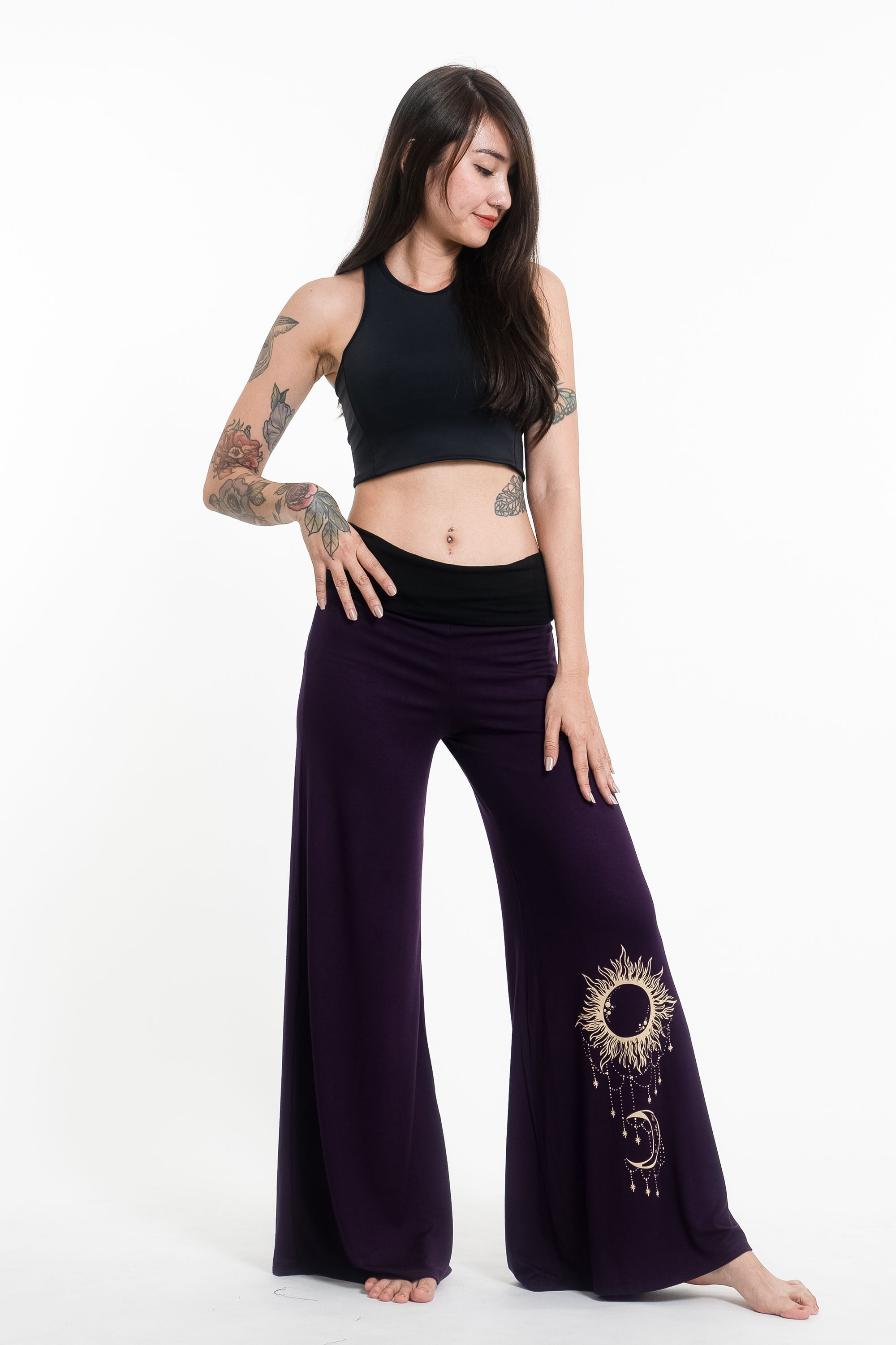 Sun Moon Print Wide Leg Palazzo Harem Pants Cotton Spandex in Purple