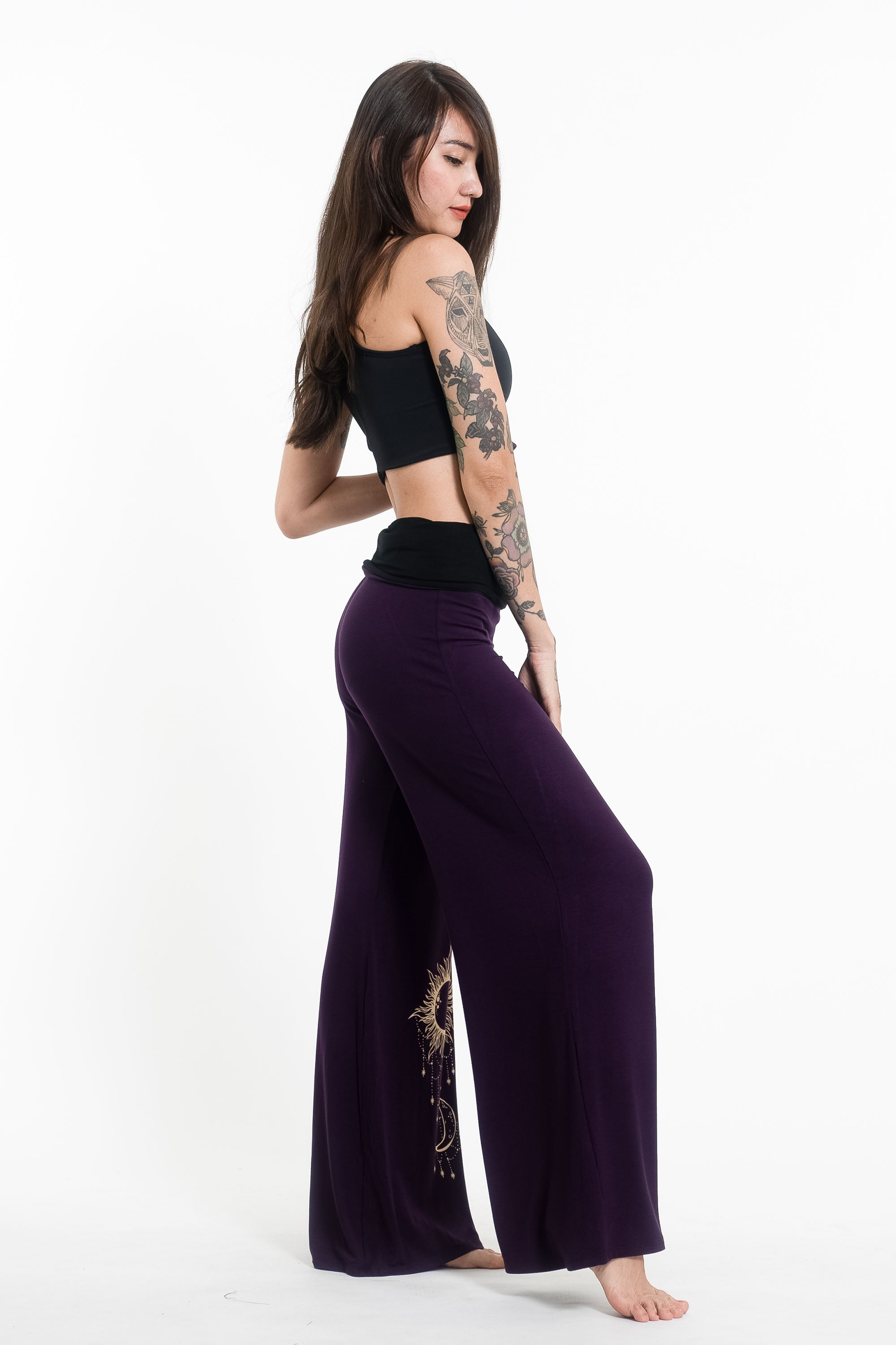 Sun Moon Print Wide Leg Palazzo Harem Pants Cotton Spandex in Purple