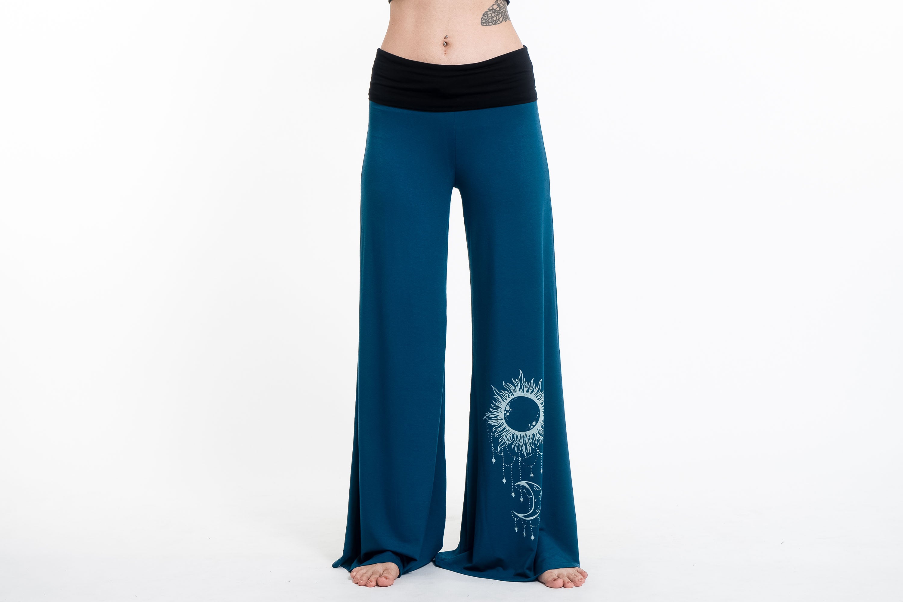 Sun Moon Print Wide Leg Palazzo Harem Pants Cotton Spandex in Turquoise