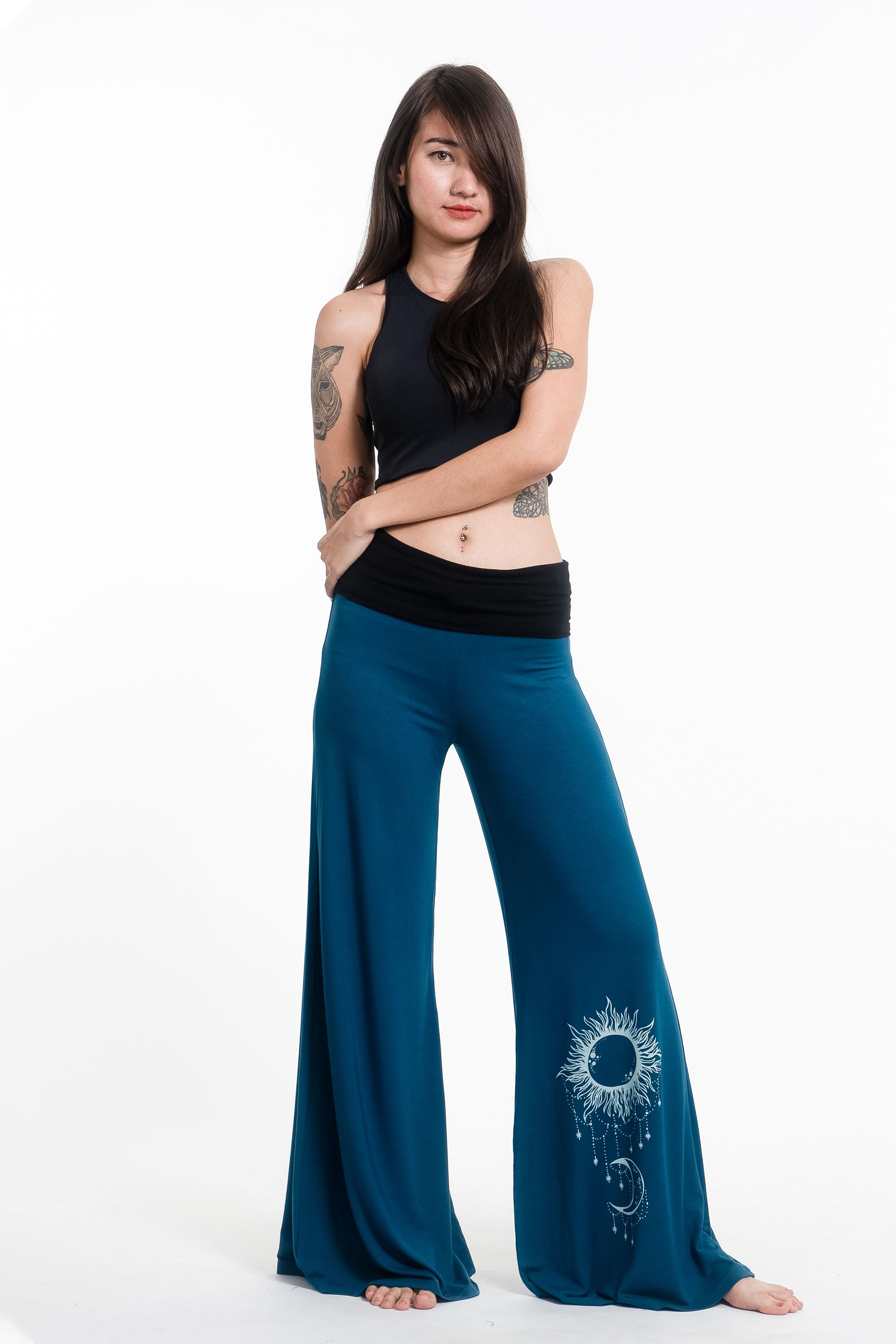 Sun Moon Print Wide Leg Palazzo Harem Pants Cotton Spandex in Turquoise