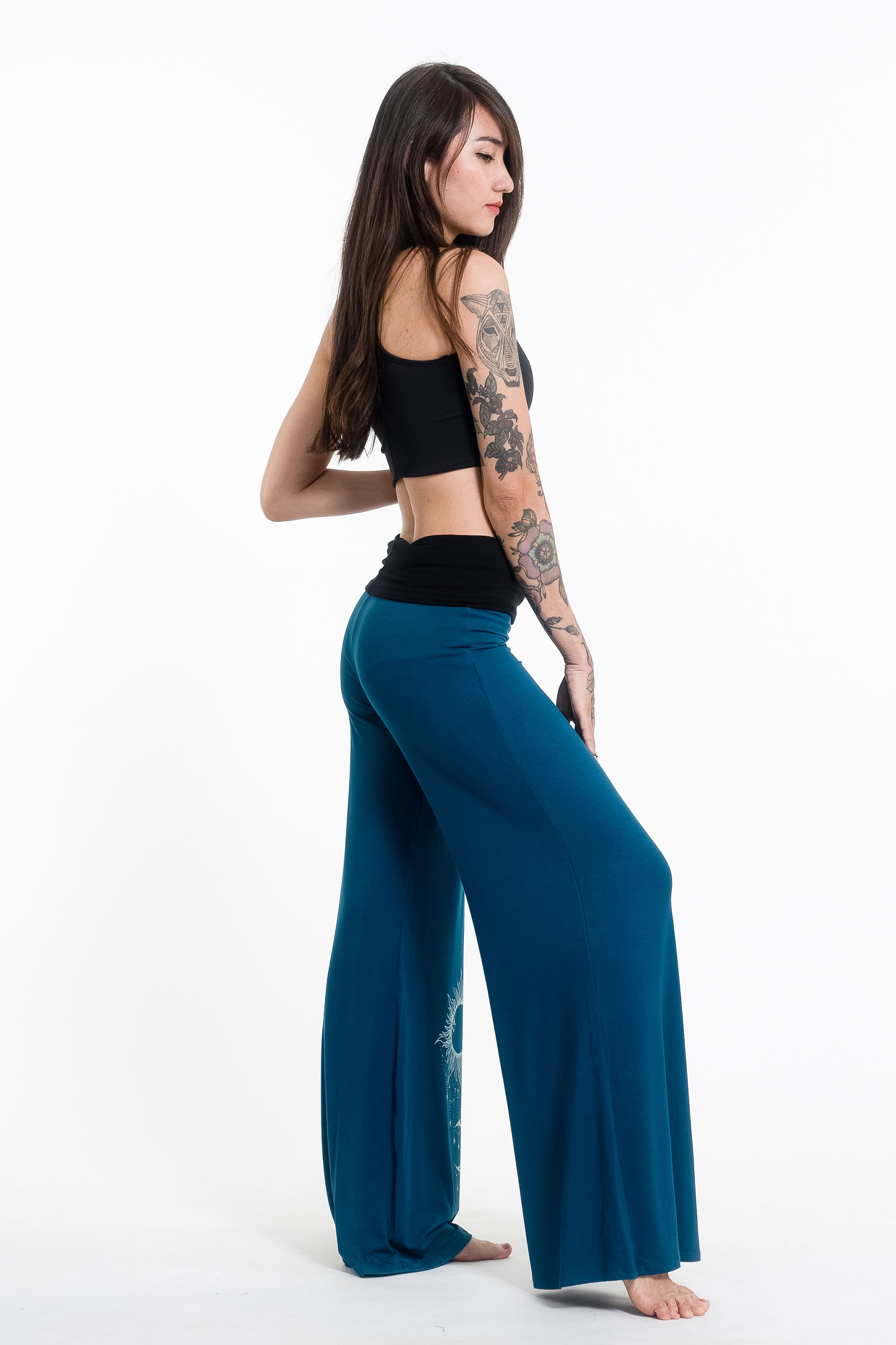 Sun Moon Print Wide Leg Palazzo Harem Pants Cotton Spandex in Turquoise