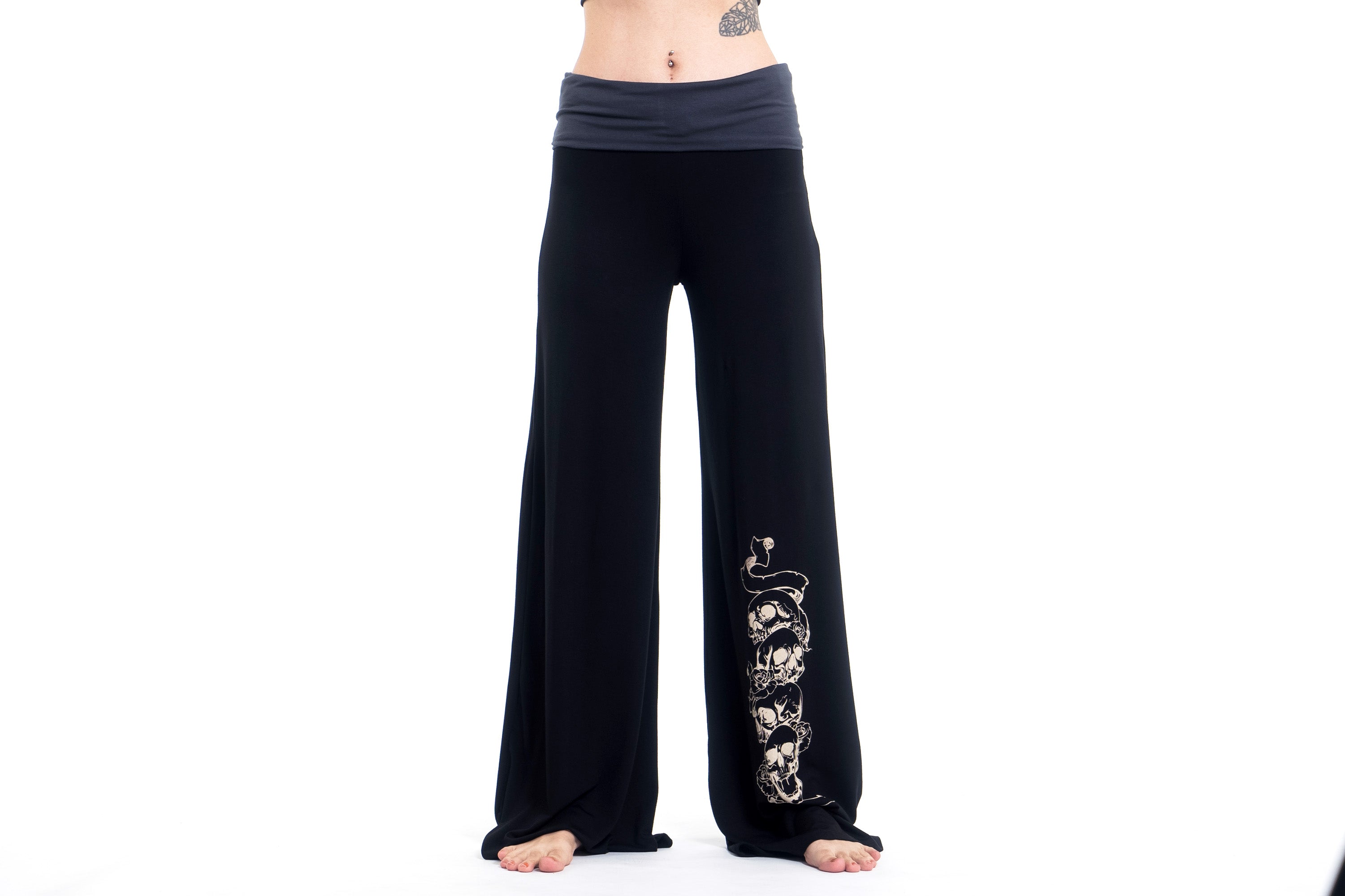 Skulls Print Wide Leg Palazzo Harem Pants Cotton Spandex in Black