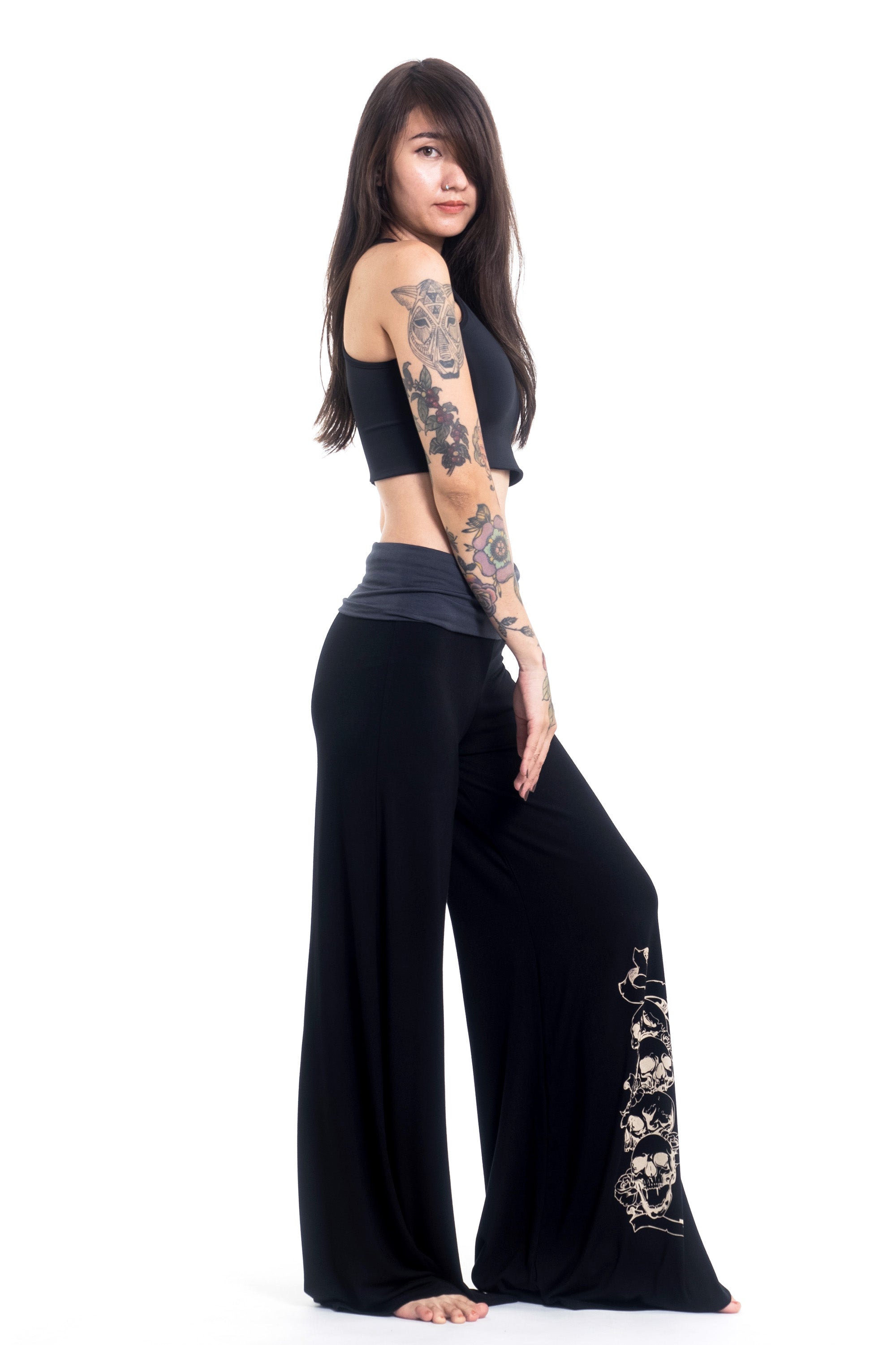 Skulls Print Wide Leg Palazzo Harem Pants Cotton Spandex in Black