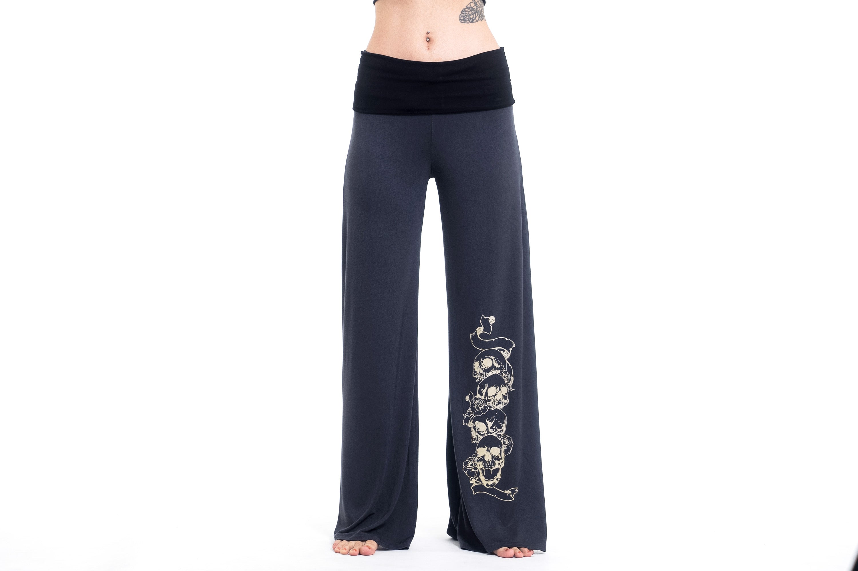 Skulls Print Wide Leg Palazzo Harem Pants Cotton Spandex in Gray