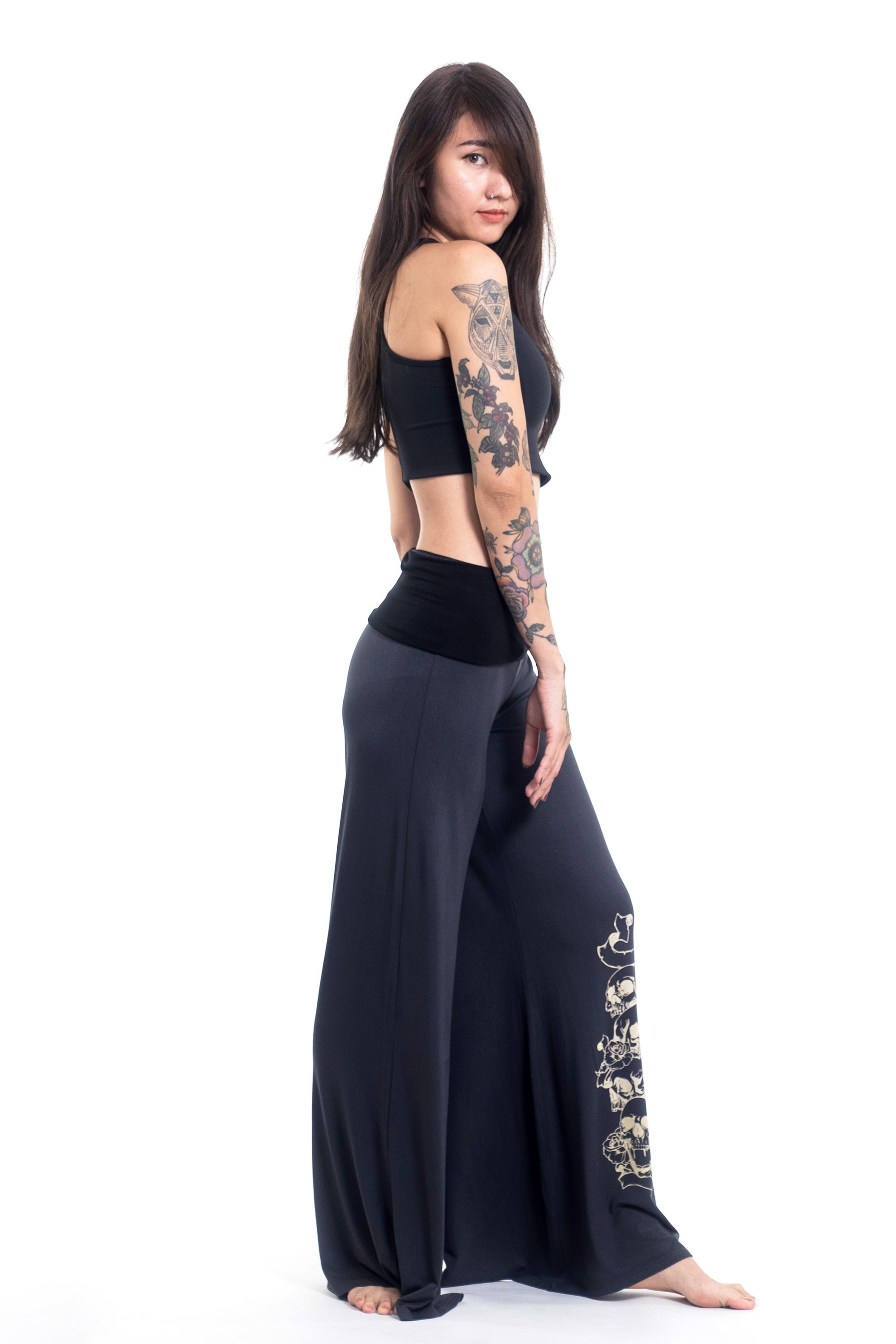 Skulls Print Wide Leg Palazzo Harem Pants Cotton Spandex in Gray
