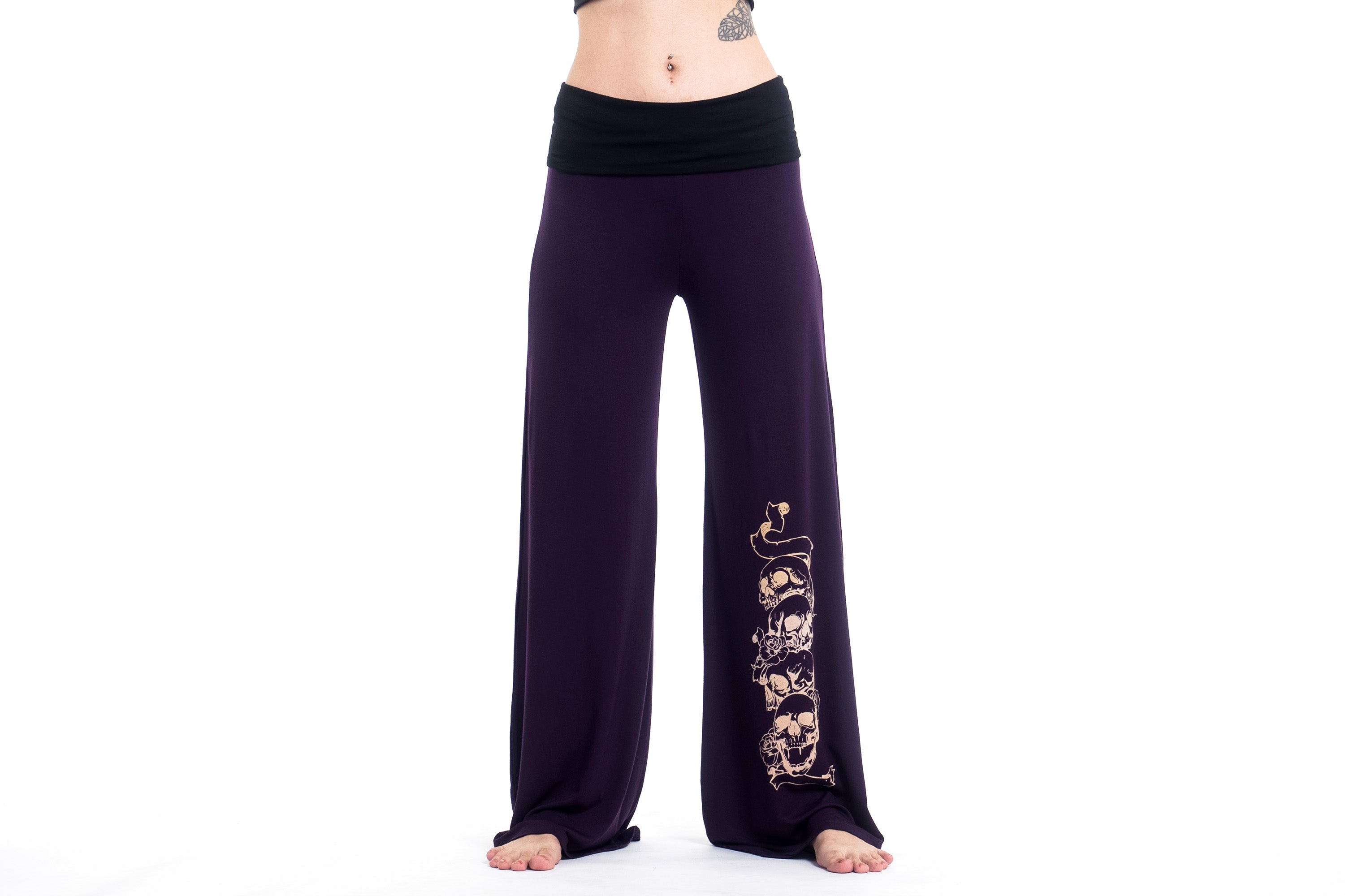 Skulls Print Wide Leg Palazzo Harem Pants Cotton Spandex in Purple