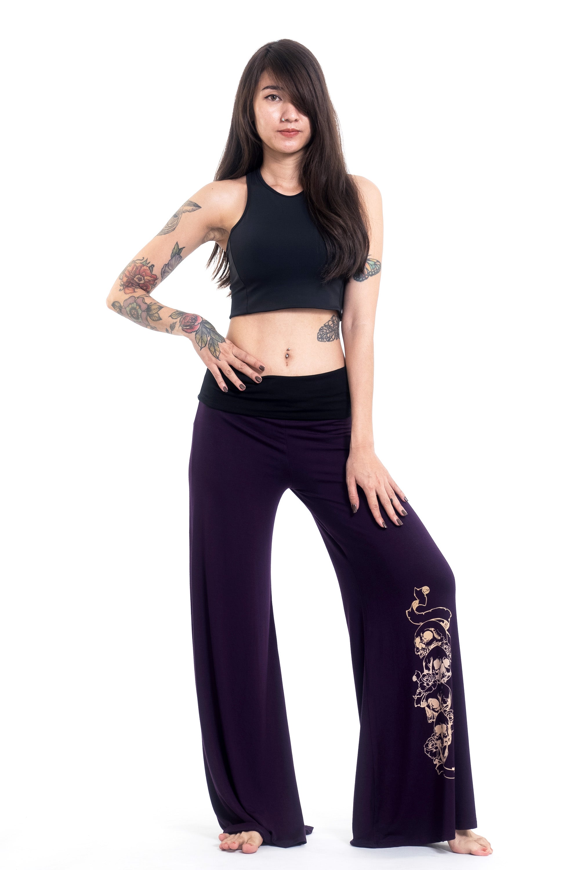Skulls Print Wide Leg Palazzo Harem Pants Cotton Spandex in Purple