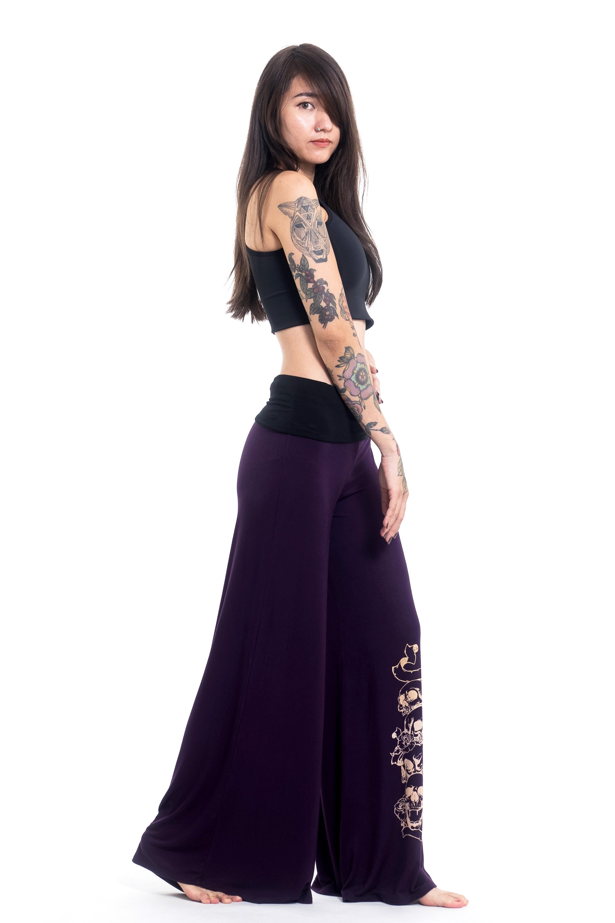 Skulls Print Wide Leg Palazzo Harem Pants Cotton Spandex in Purple