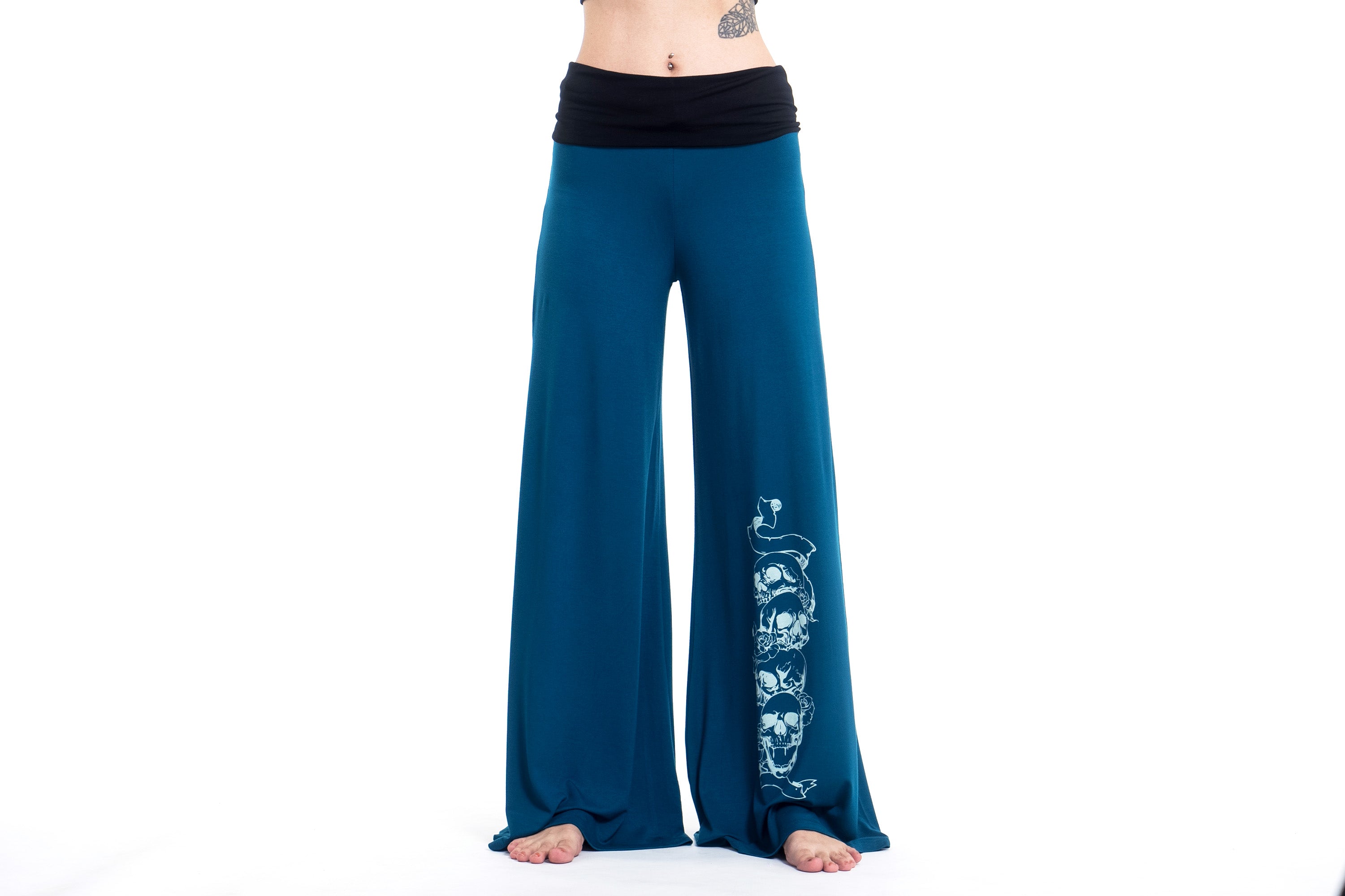 Skulls Print Wide Leg Palazzo Harem Pants Cotton Spandex in Turquoise