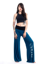 Skulls Print Wide Leg Palazzo Harem Pants Cotton Spandex in Turquoise