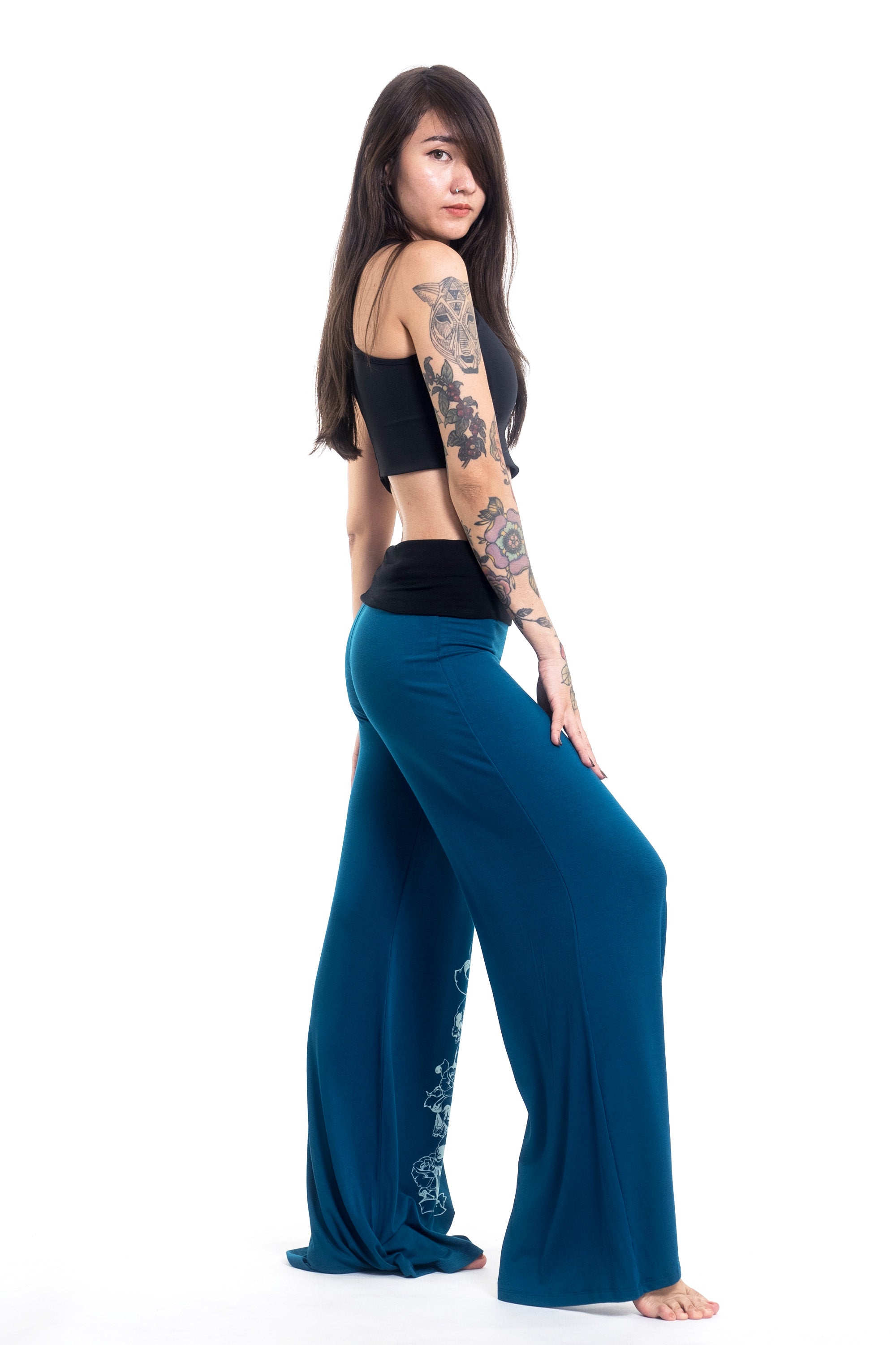 Skulls Print Wide Leg Palazzo Harem Pants Cotton Spandex in Turquoise