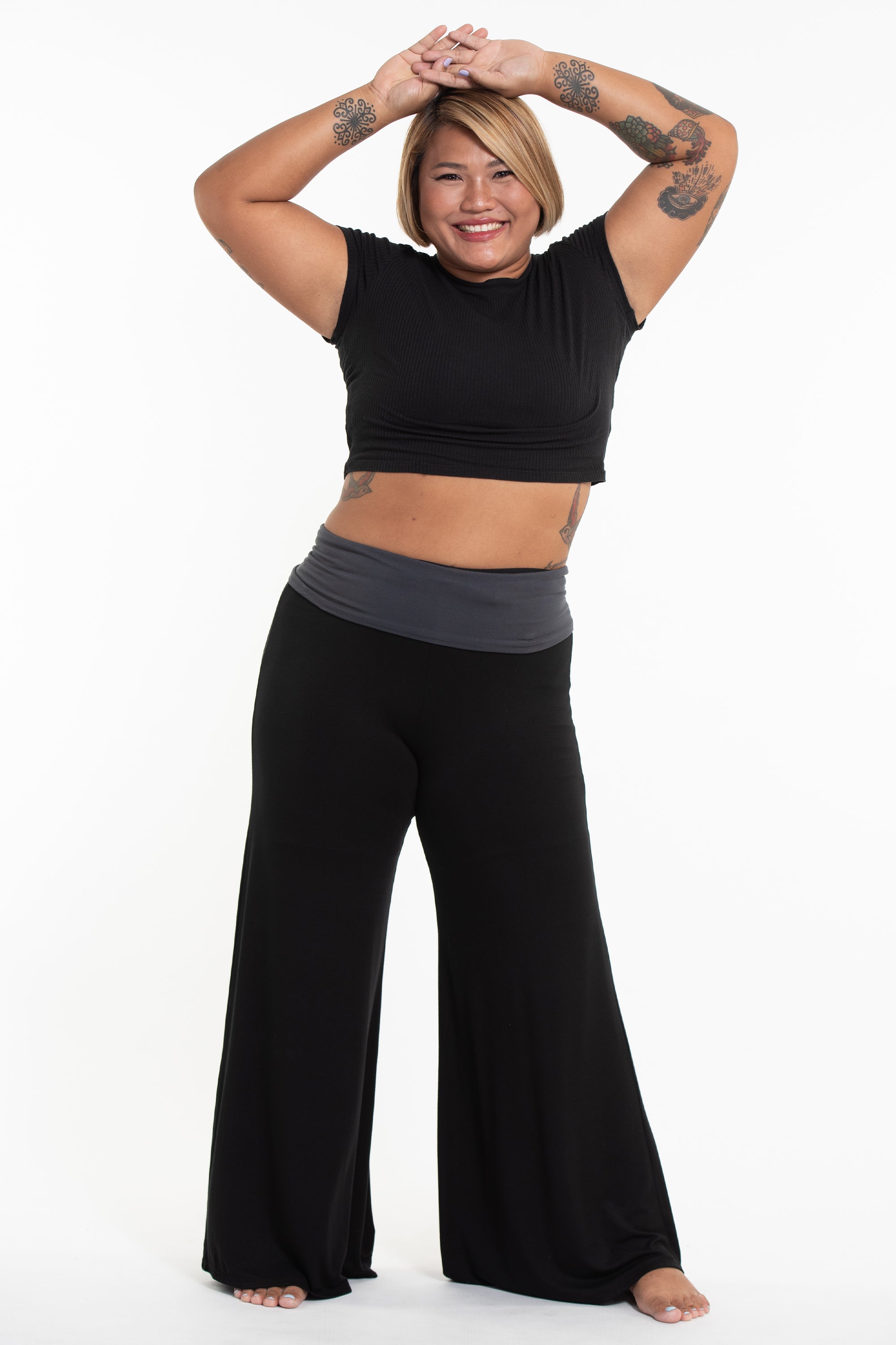 Plus Size Wide Leg Palazzo Harem Pants Cotton Spandex in Solid Black