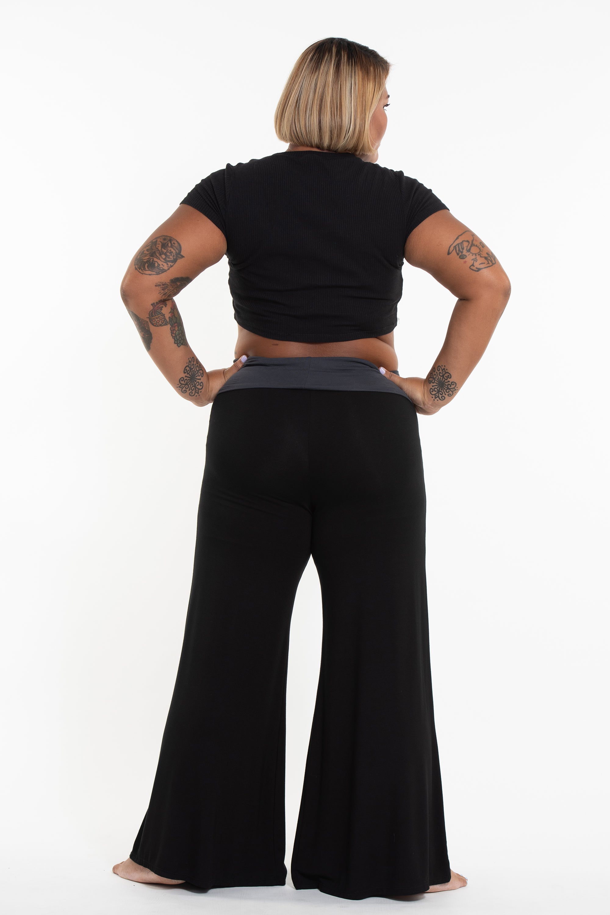 Plus Size Wide Leg Palazzo Harem Pants Cotton Spandex in Solid Black