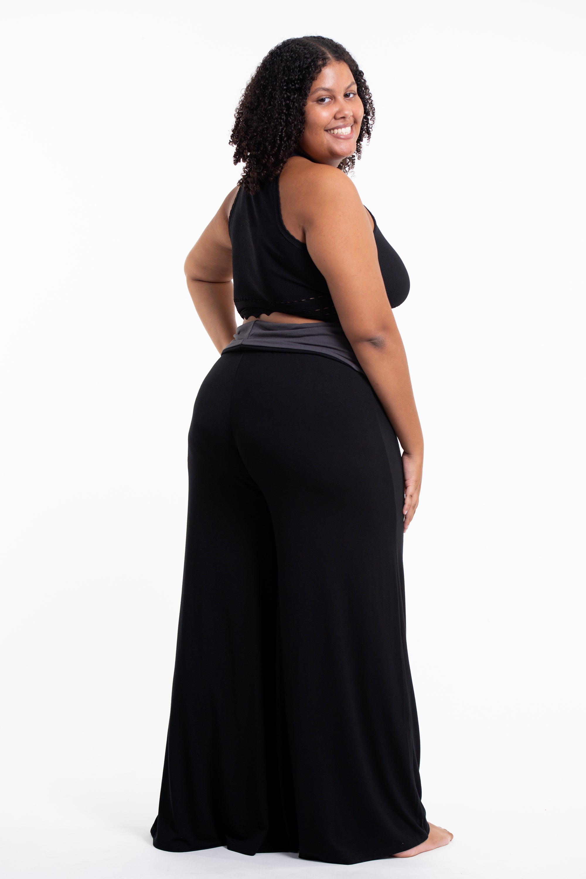 Plus Size Mandala Print Wide Leg Palazzo Harem Pants Cotton Spandex in Black